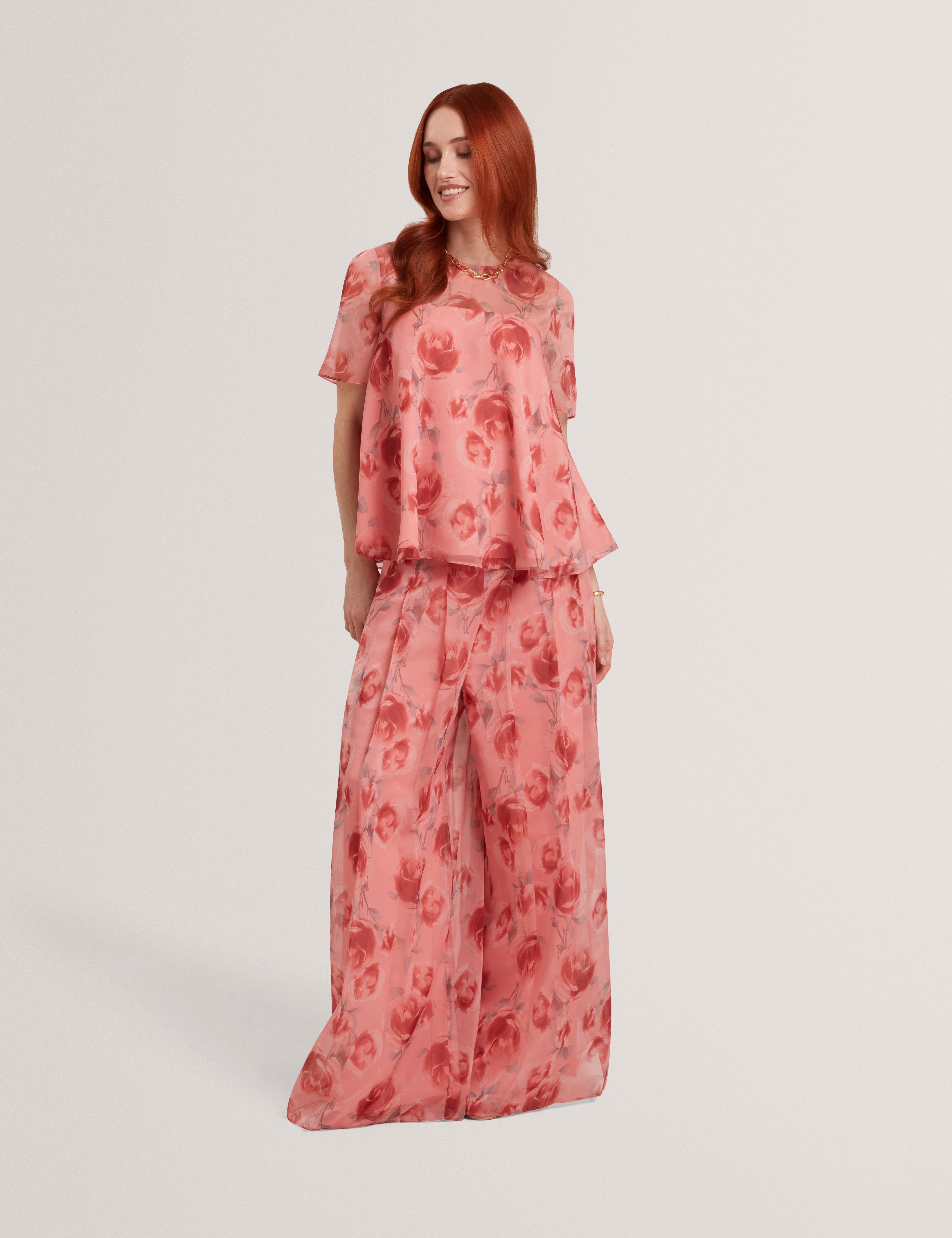 Dosiia Printed Wide Leg Pleated Trouser Coral