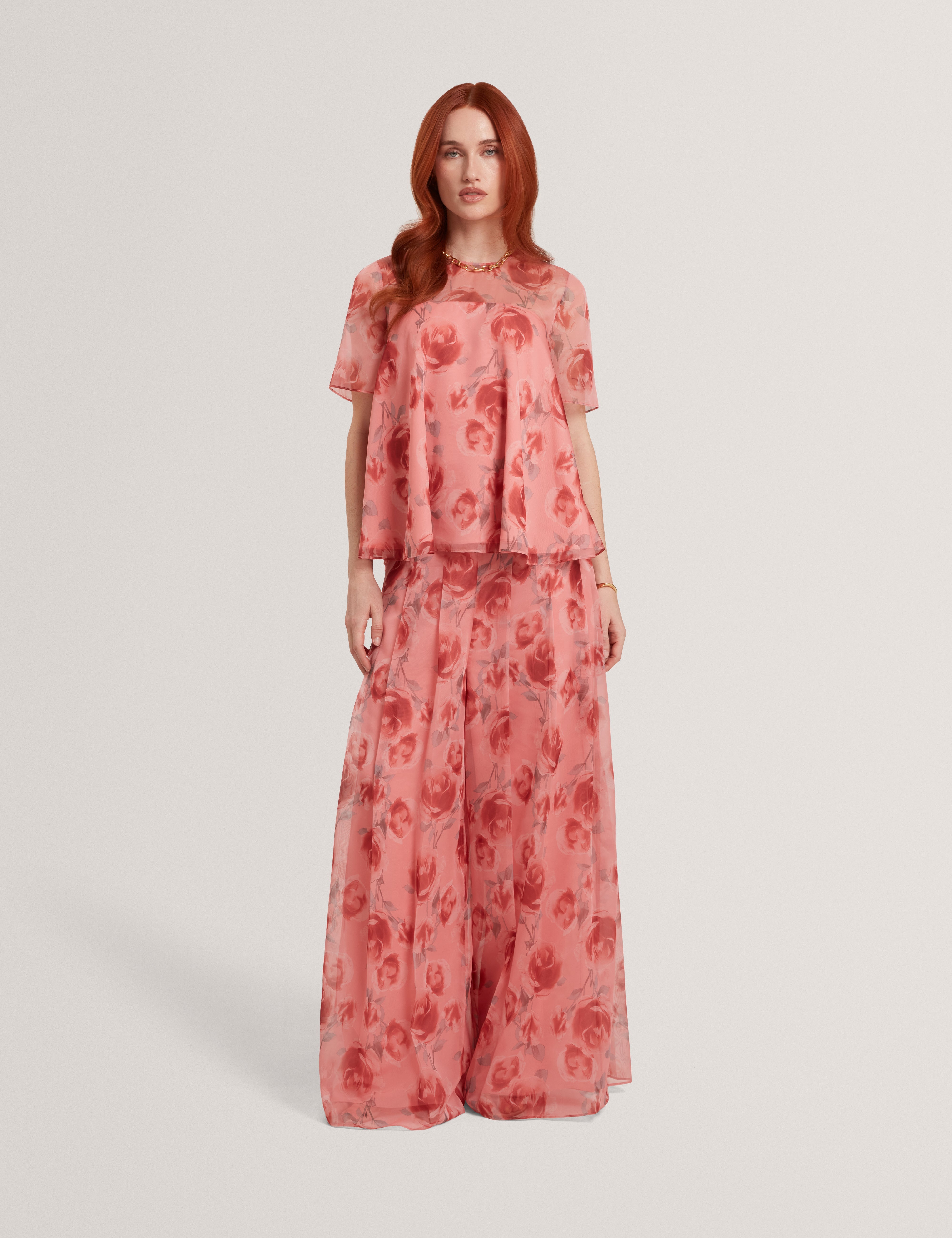Charzi Printed Sheer Cap Sleeve Top Coral