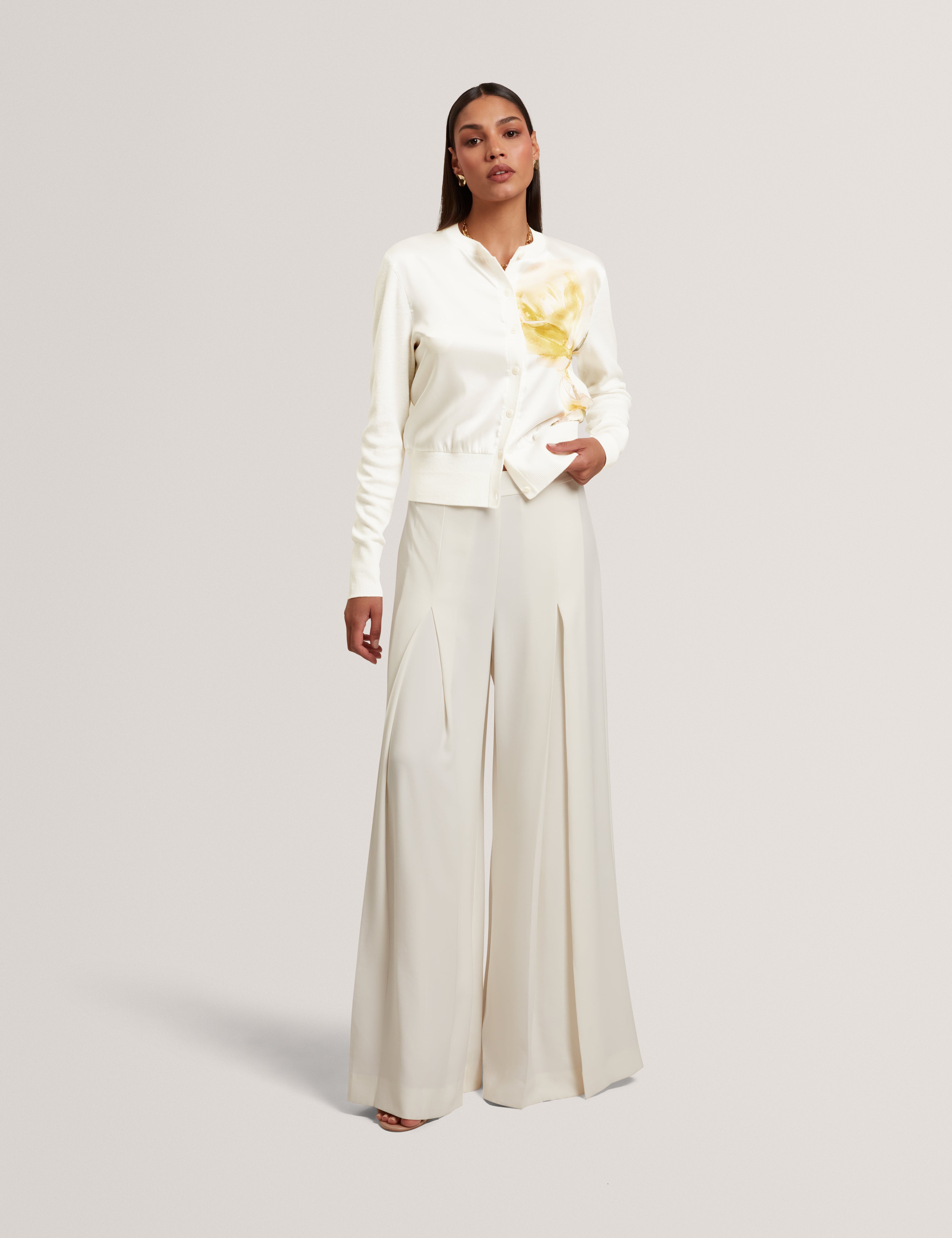 Isalda Printed Woven Front Cardigan Ivory
