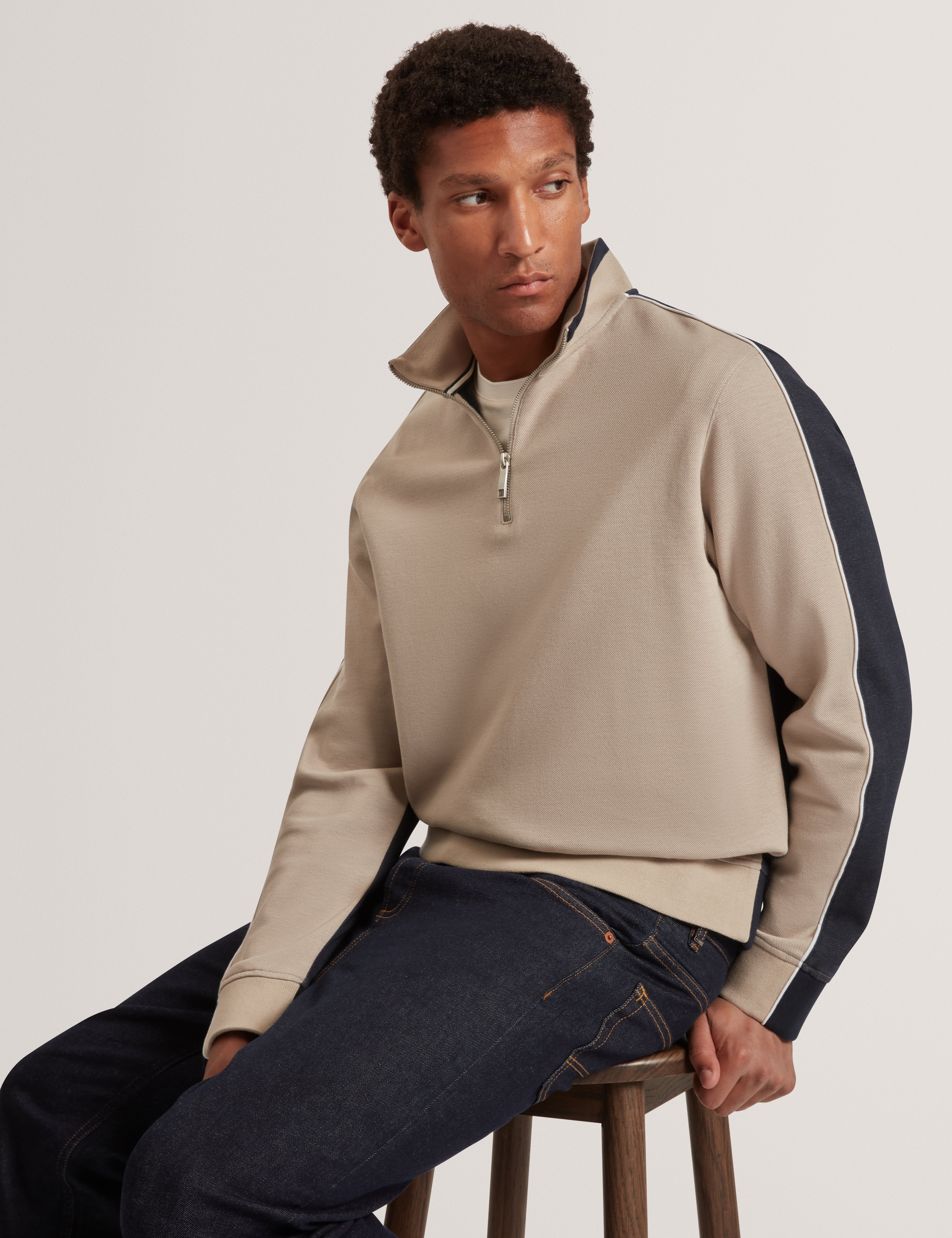 Koven Long Sleeve Two-Tone Half Zip Polo Taupe
