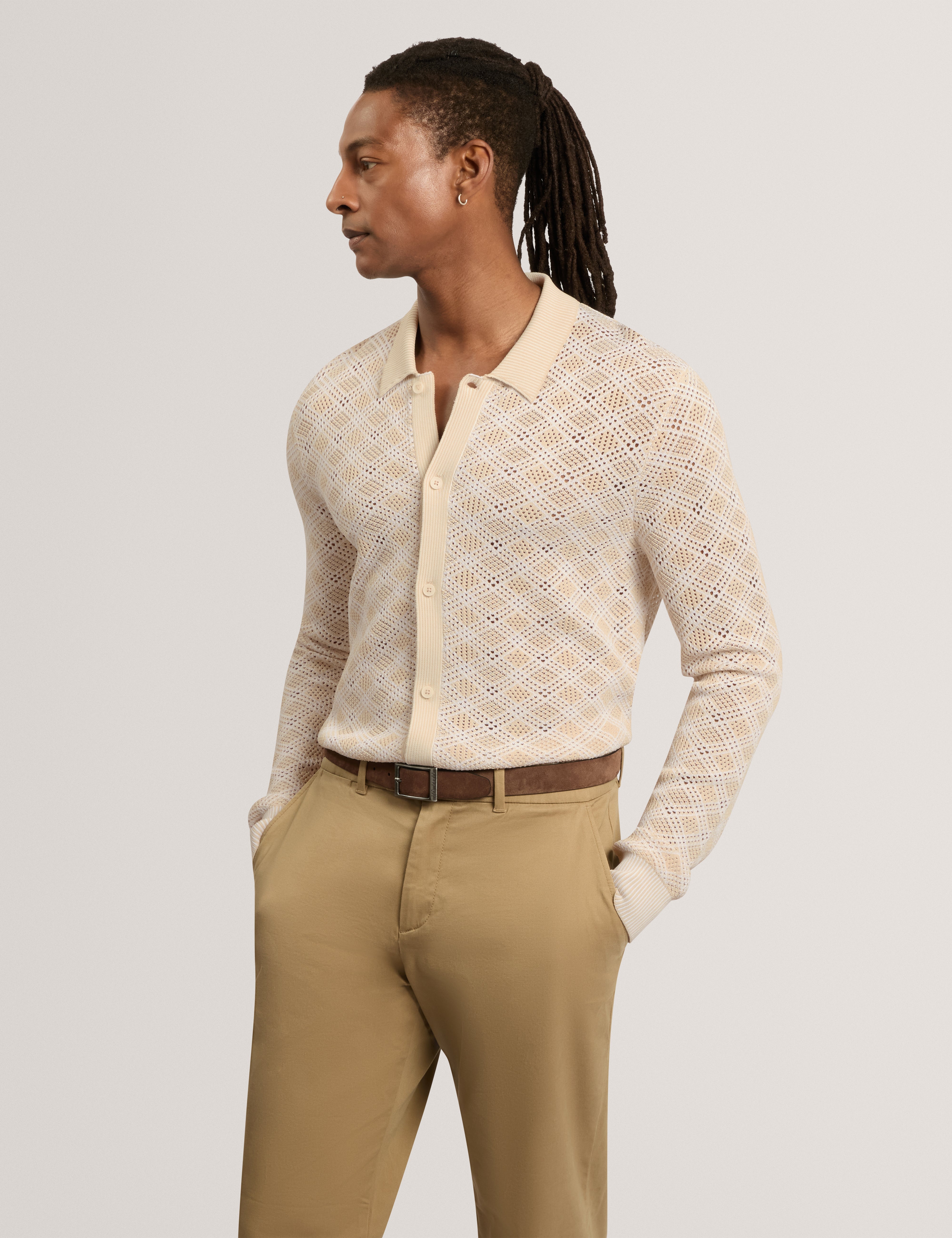 Kearl Long Sleeve Geometric Stitch Polo Ecru
