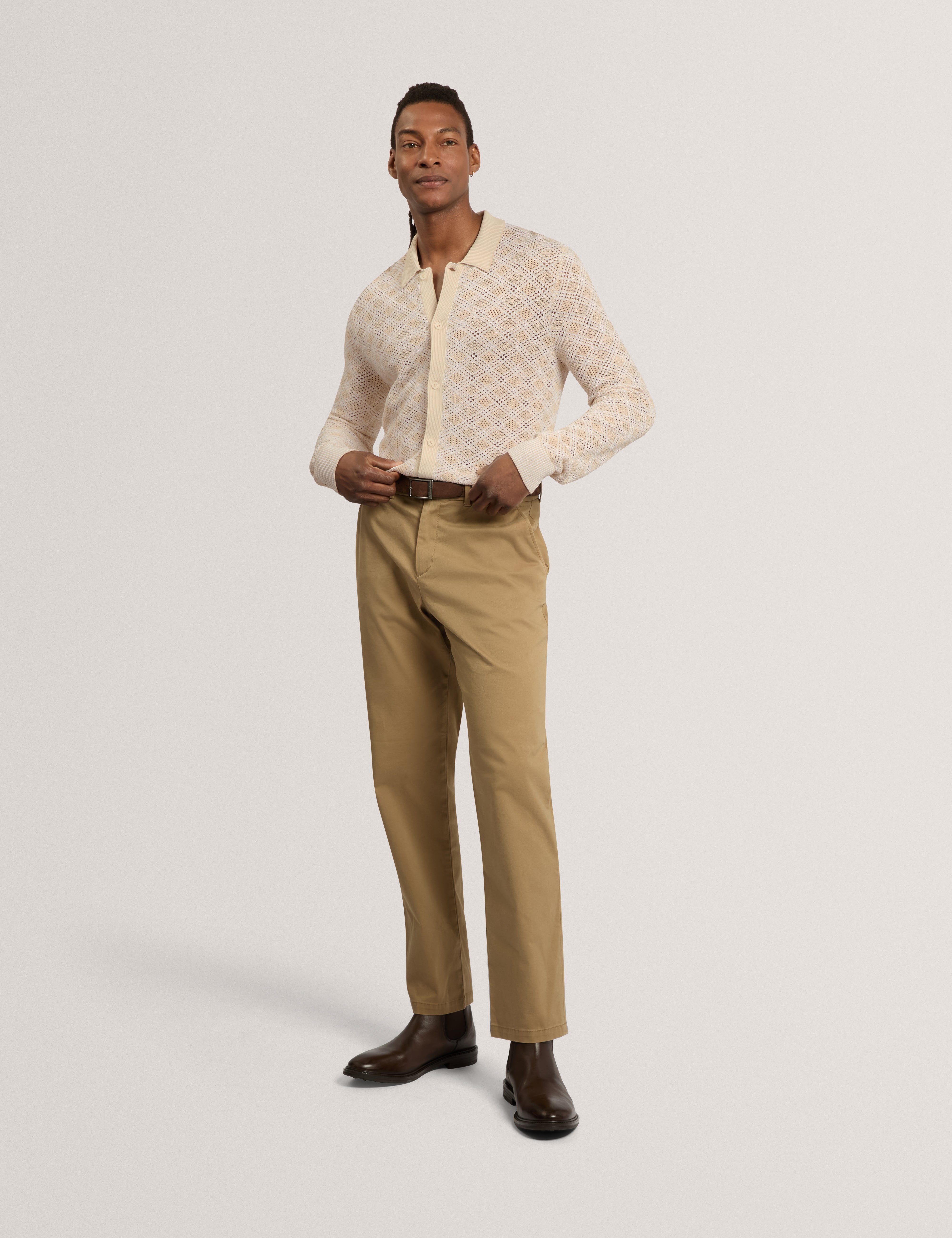 Kearl Long Sleeve Geometric Stitch Polo Ecru