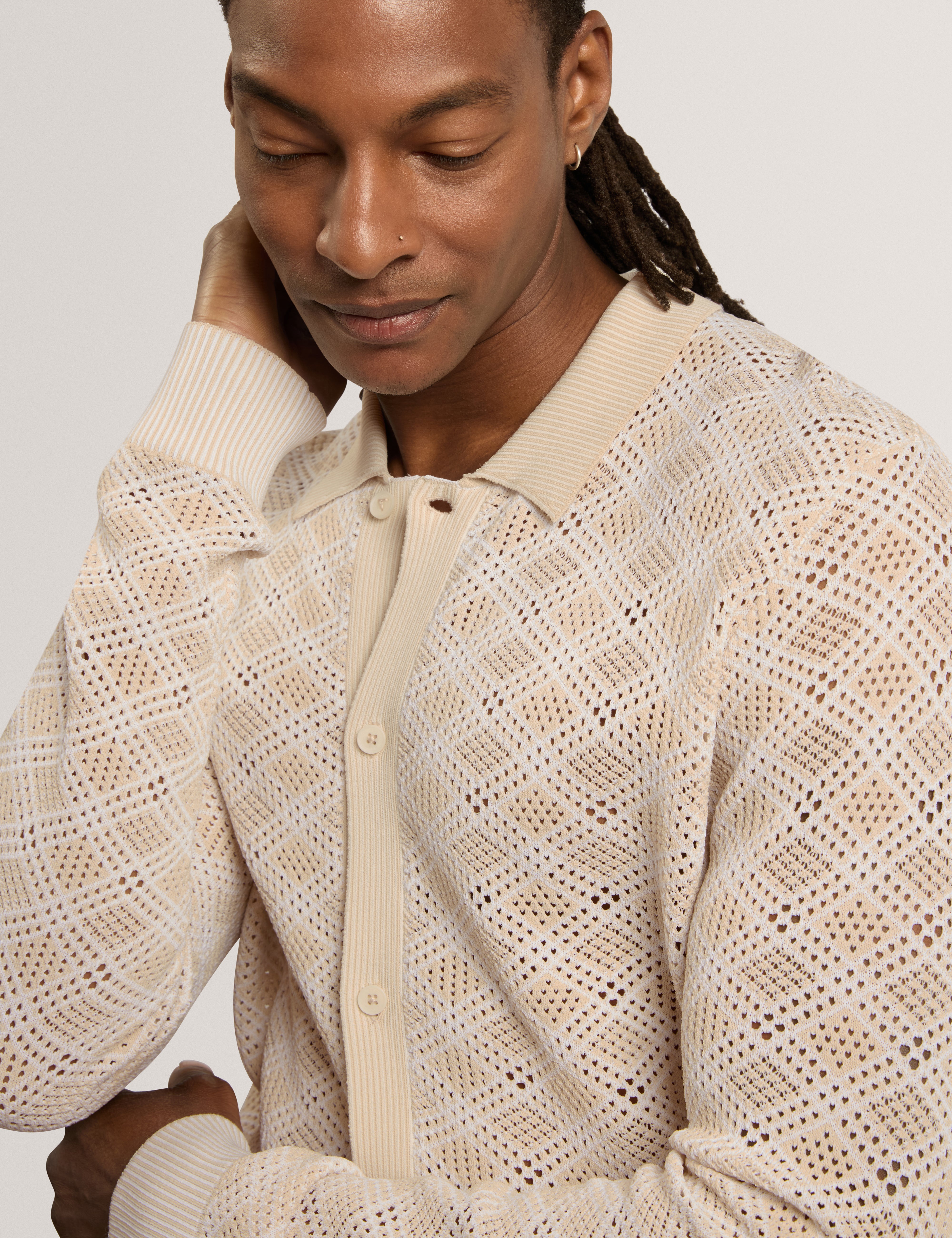 Kearl Long Sleeve Geometric Stitch Polo Ecru