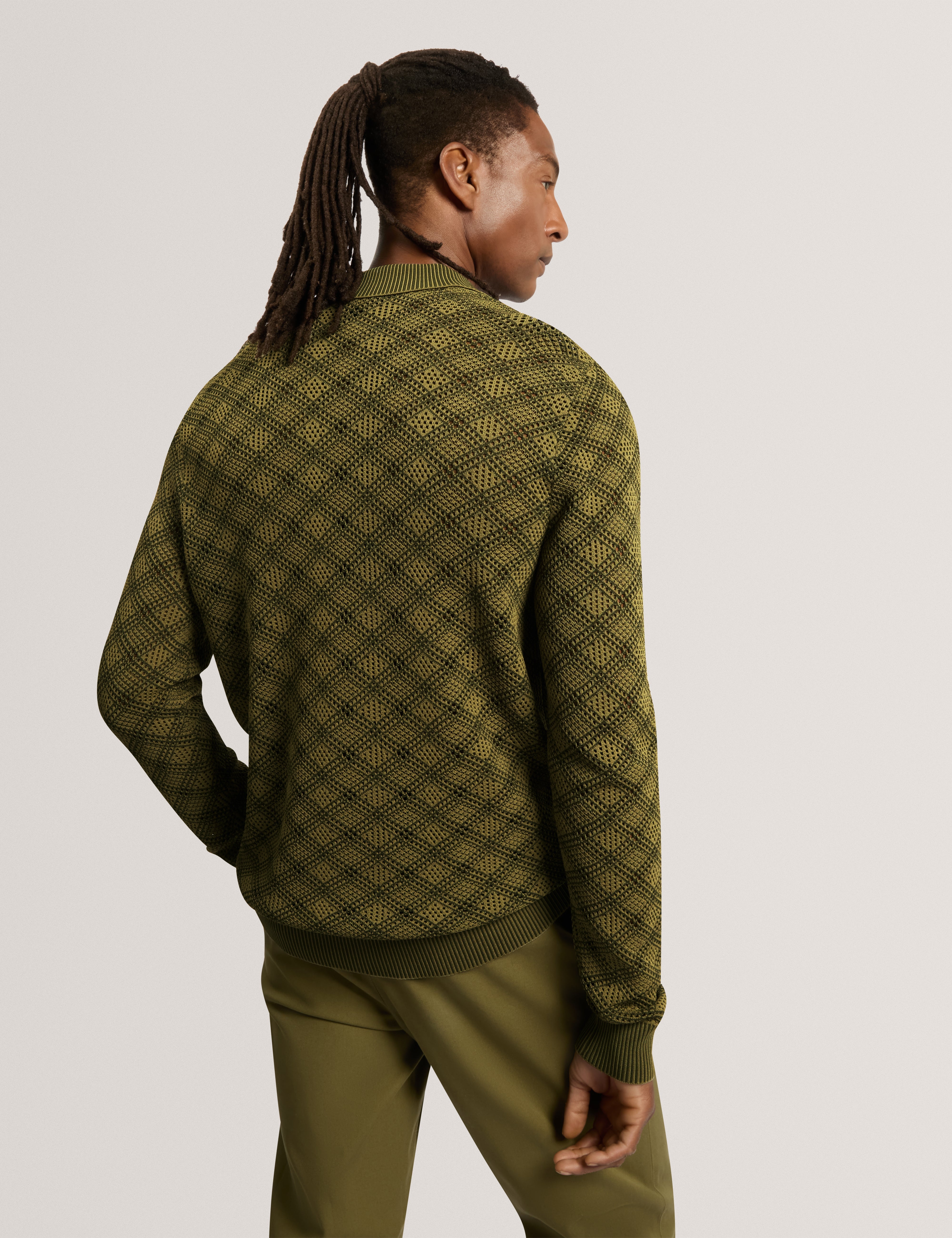 Kearl Long Sleeve Geometric Stitch Polo Olive