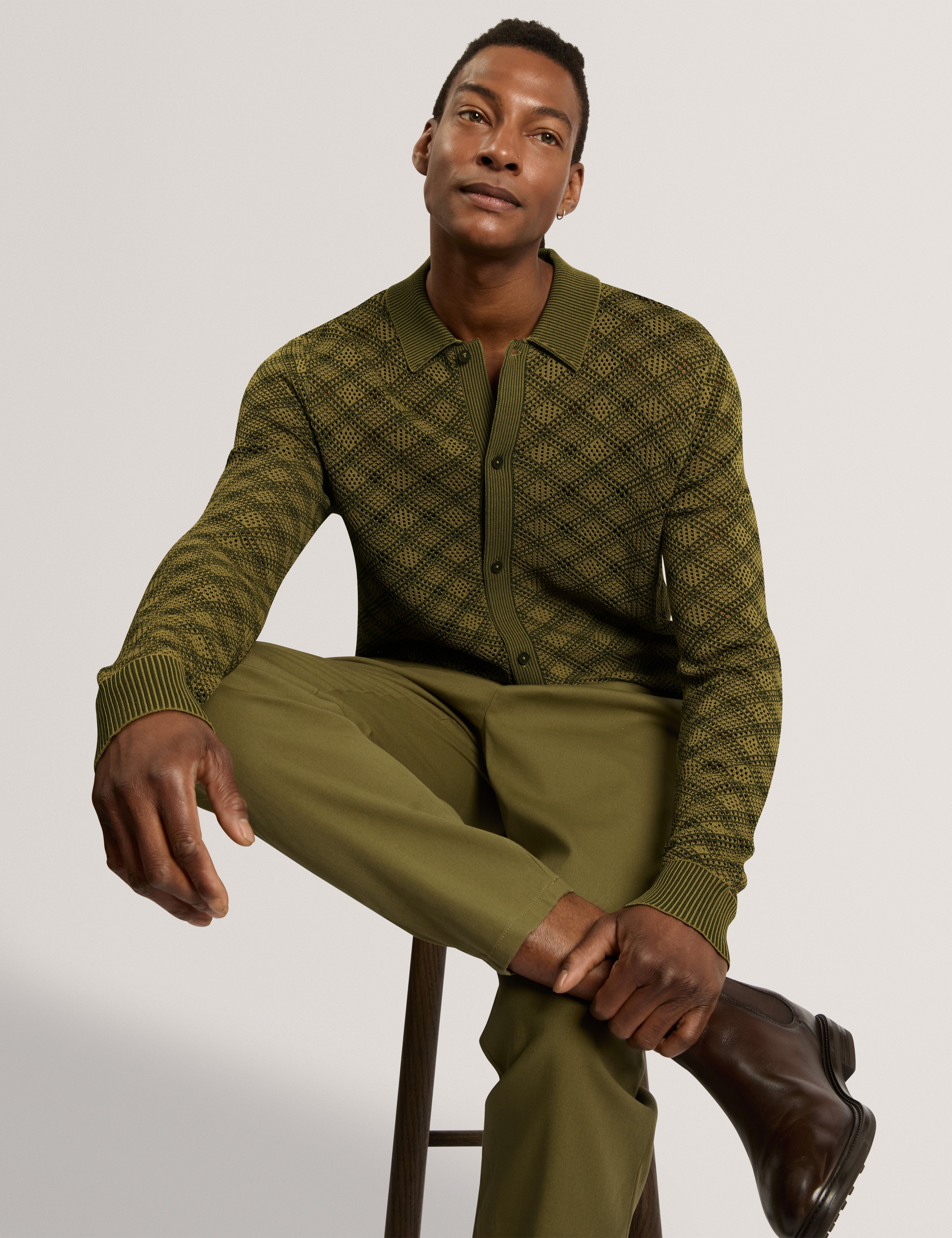 Kearl Long Sleeve Geometric Stitch Polo Olive