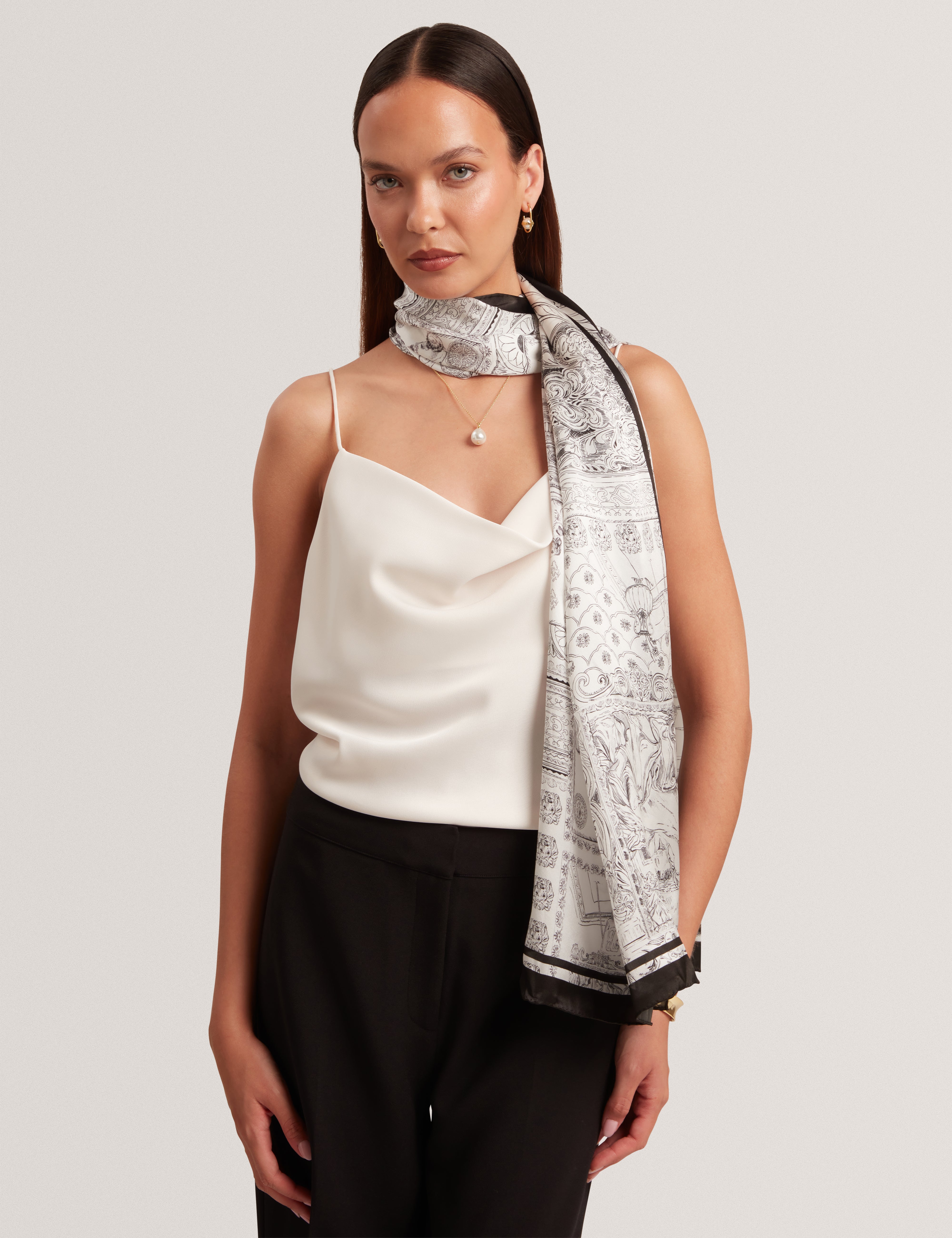 Nee Printed Silk Long Scarf Ivory