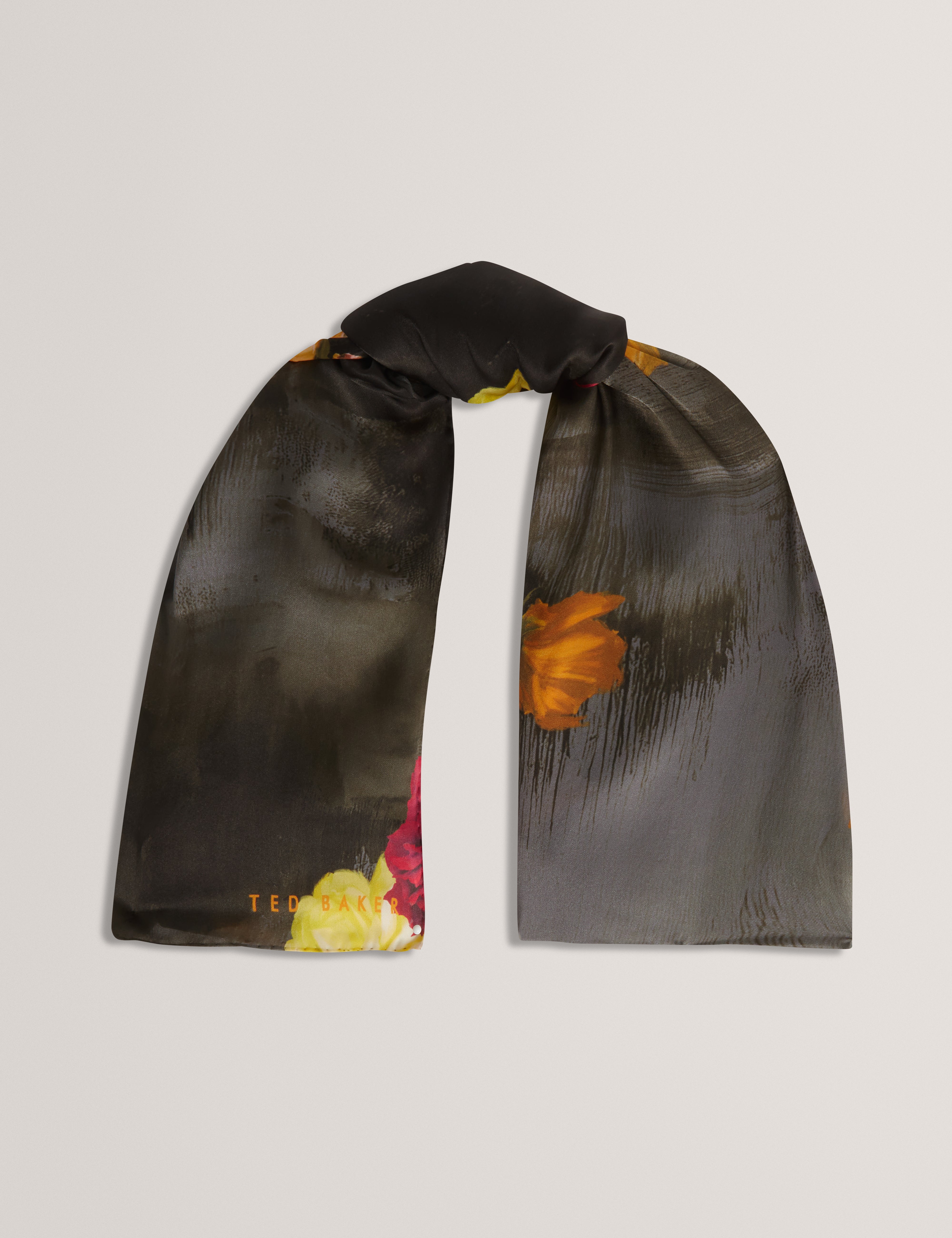 Neeah Floral Printed Silk Long Scarf Black