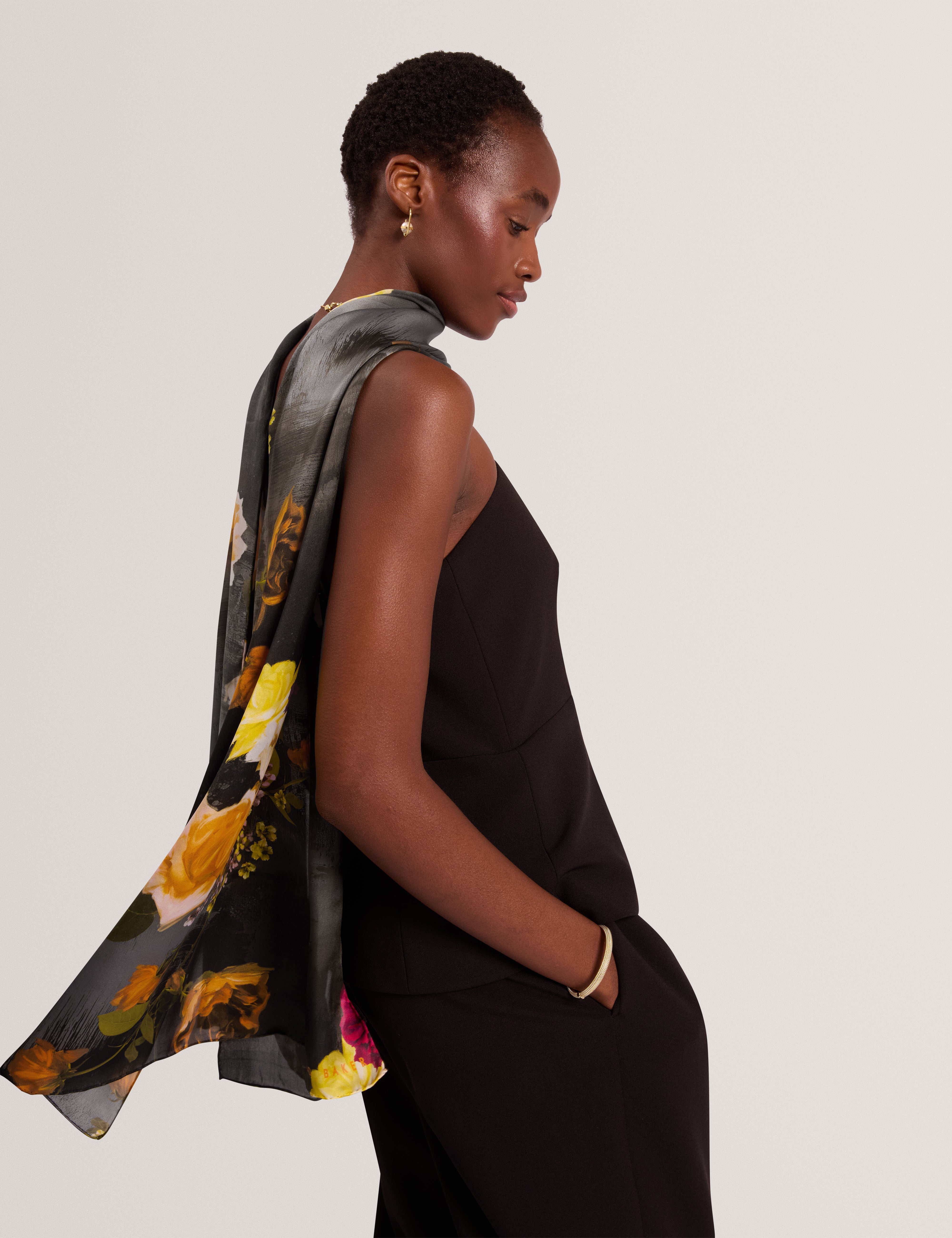 Neeah Floral Printed Silk Long Scarf Black