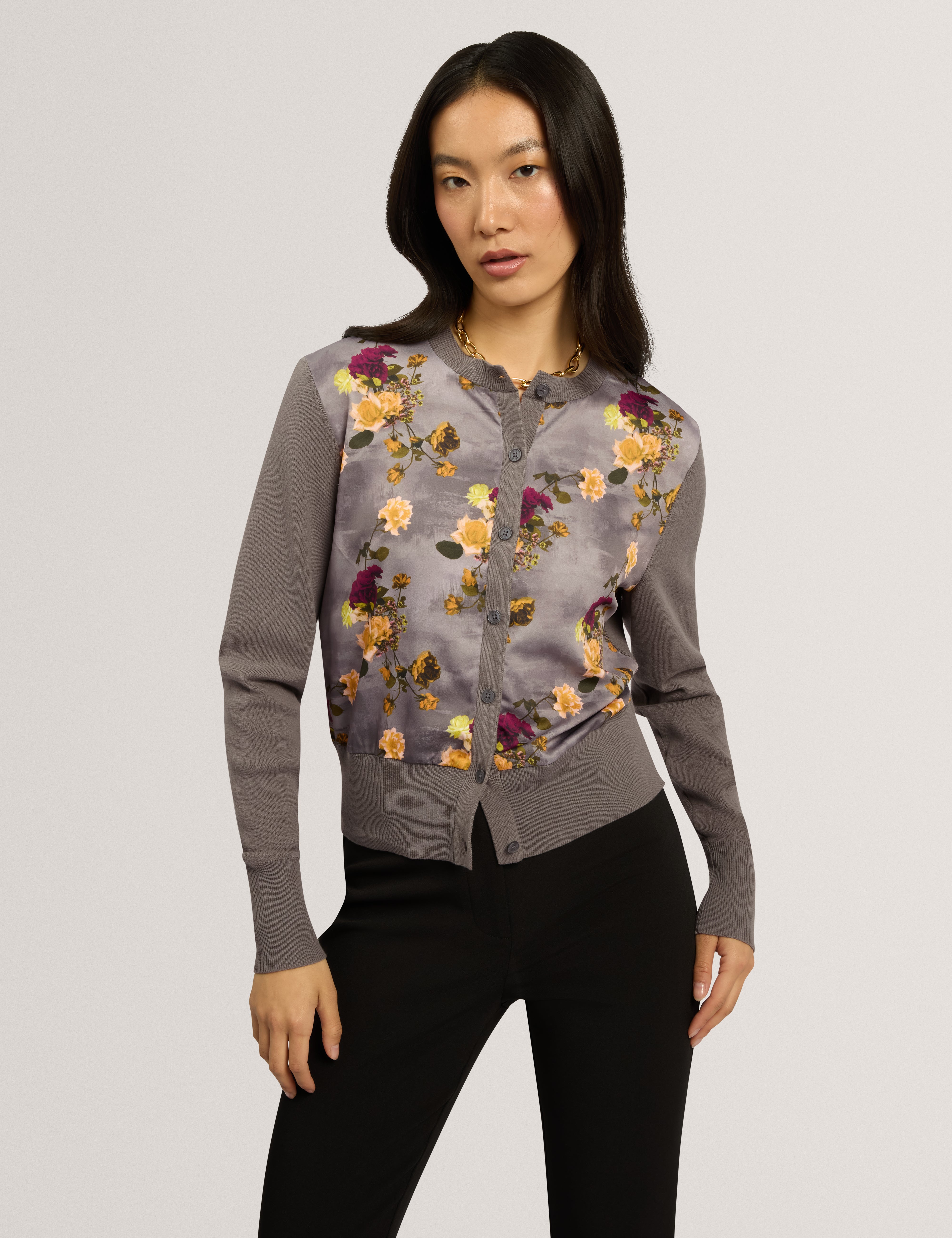 Rosalah Floral Printed Woven Front Cardigan Mid-Grey