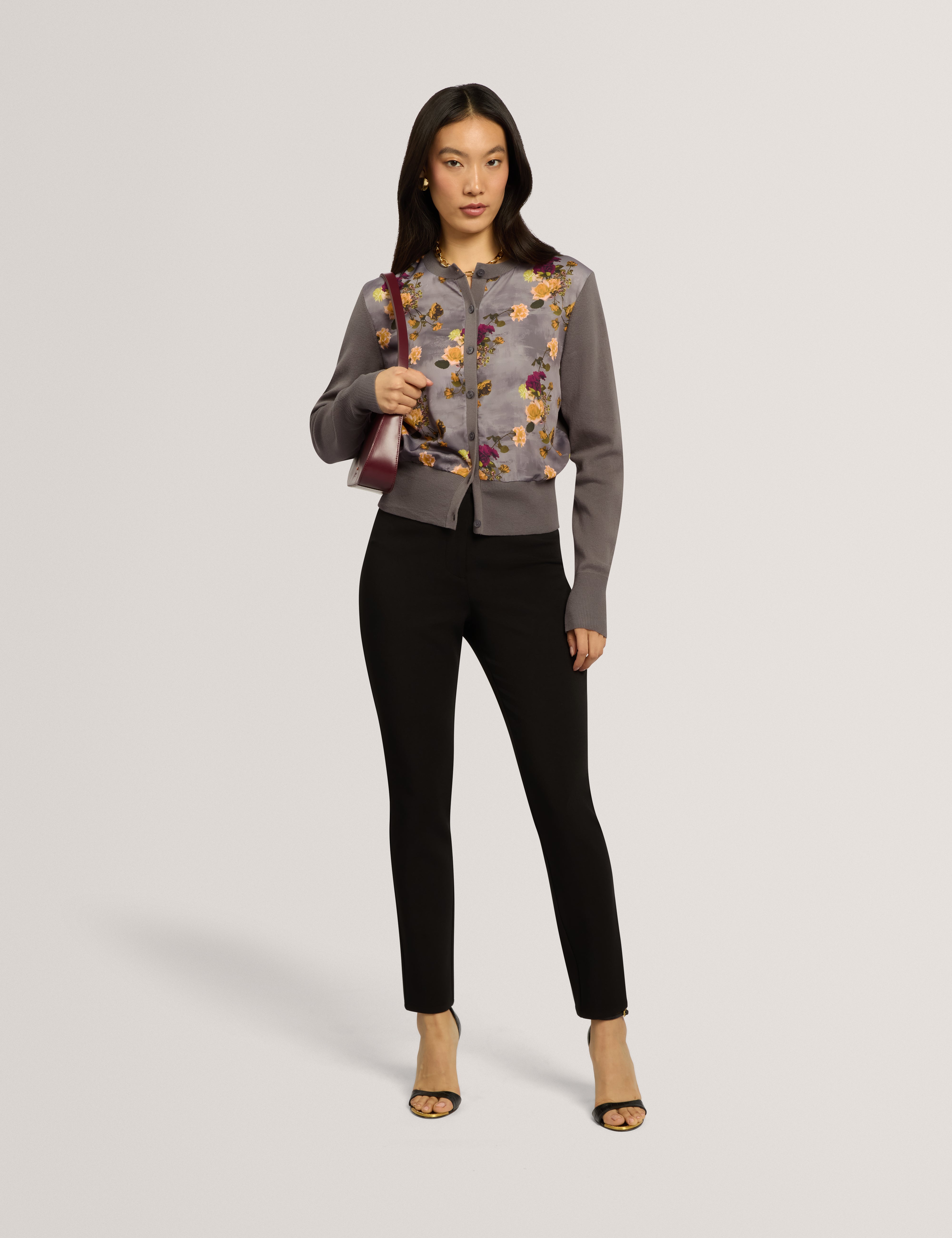 Rosalah Floral Printed Woven Front Cardigan Mid-Grey