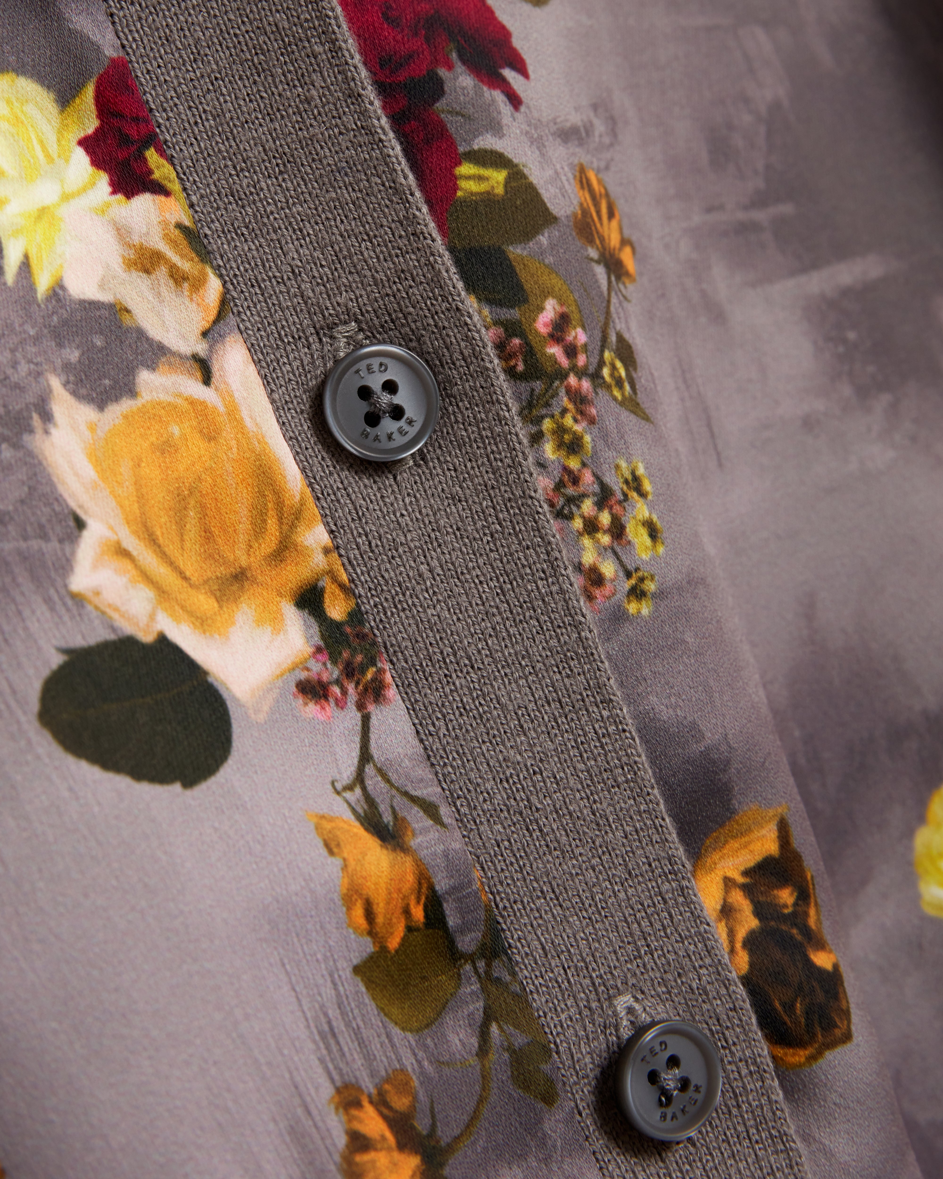 Rosalah Floral Printed Woven Front Cardigan Mid-Grey