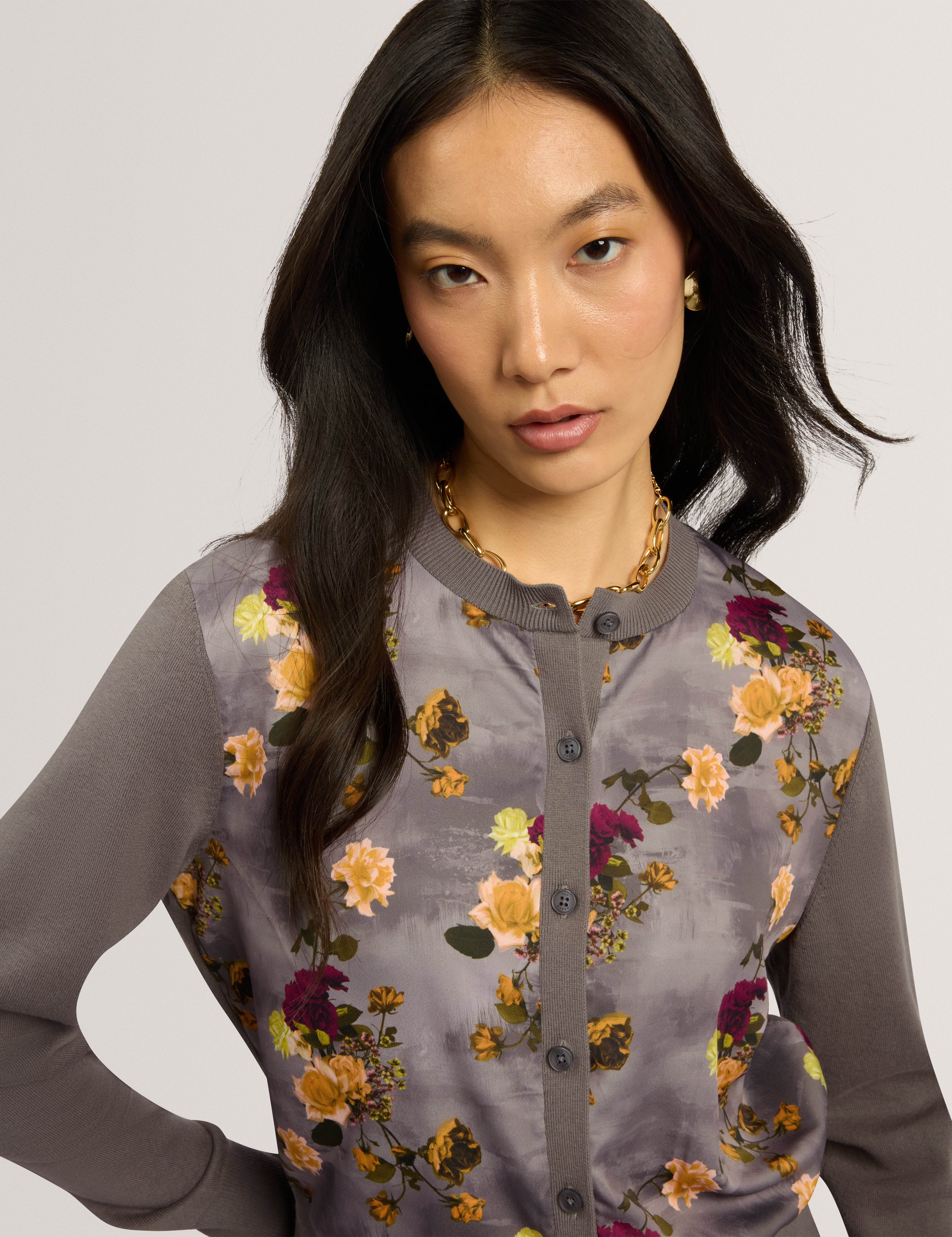 Rosalah Floral Printed Woven Front Cardigan Mid-Grey