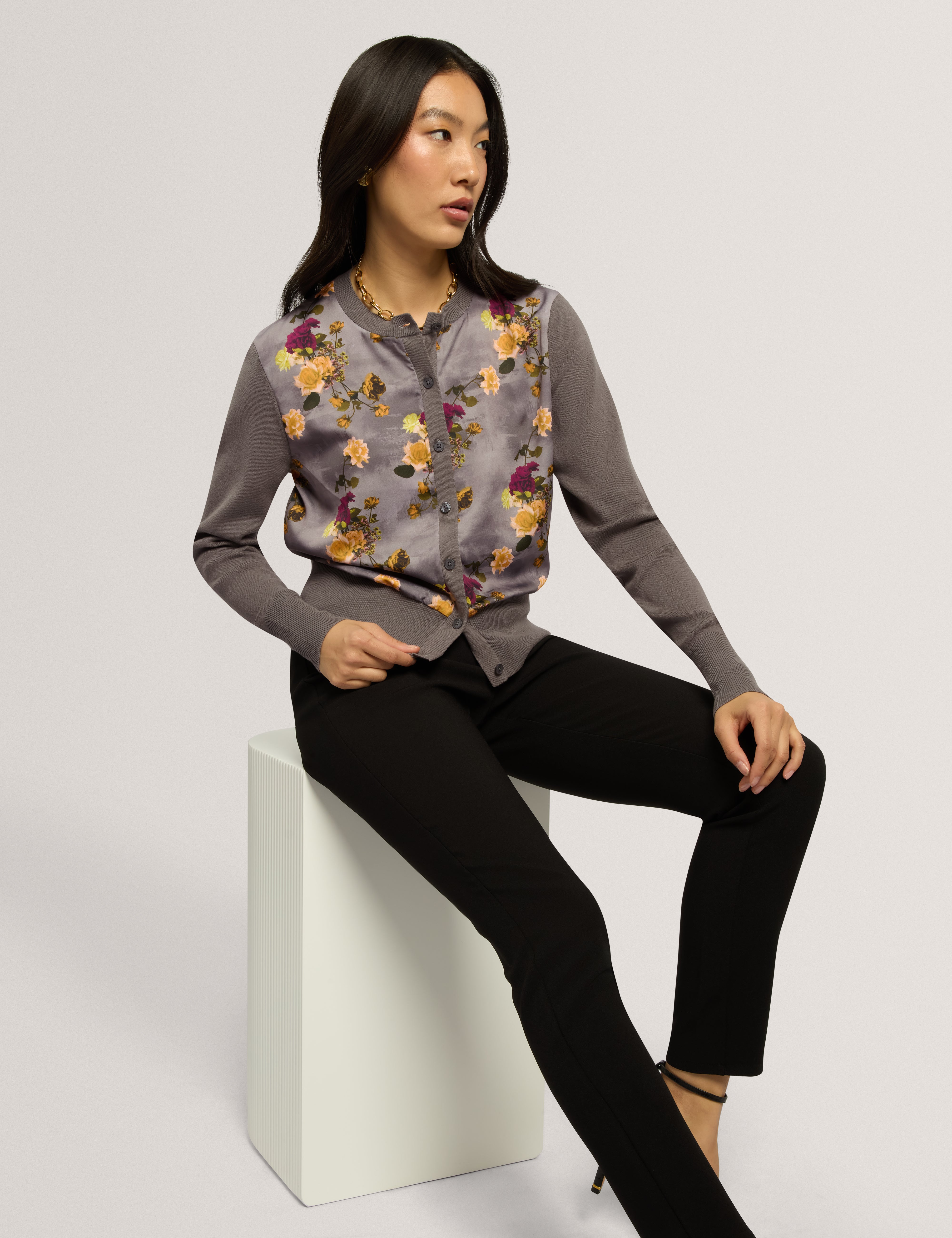 Rosalah Floral Printed Woven Front Cardigan Mid-Grey