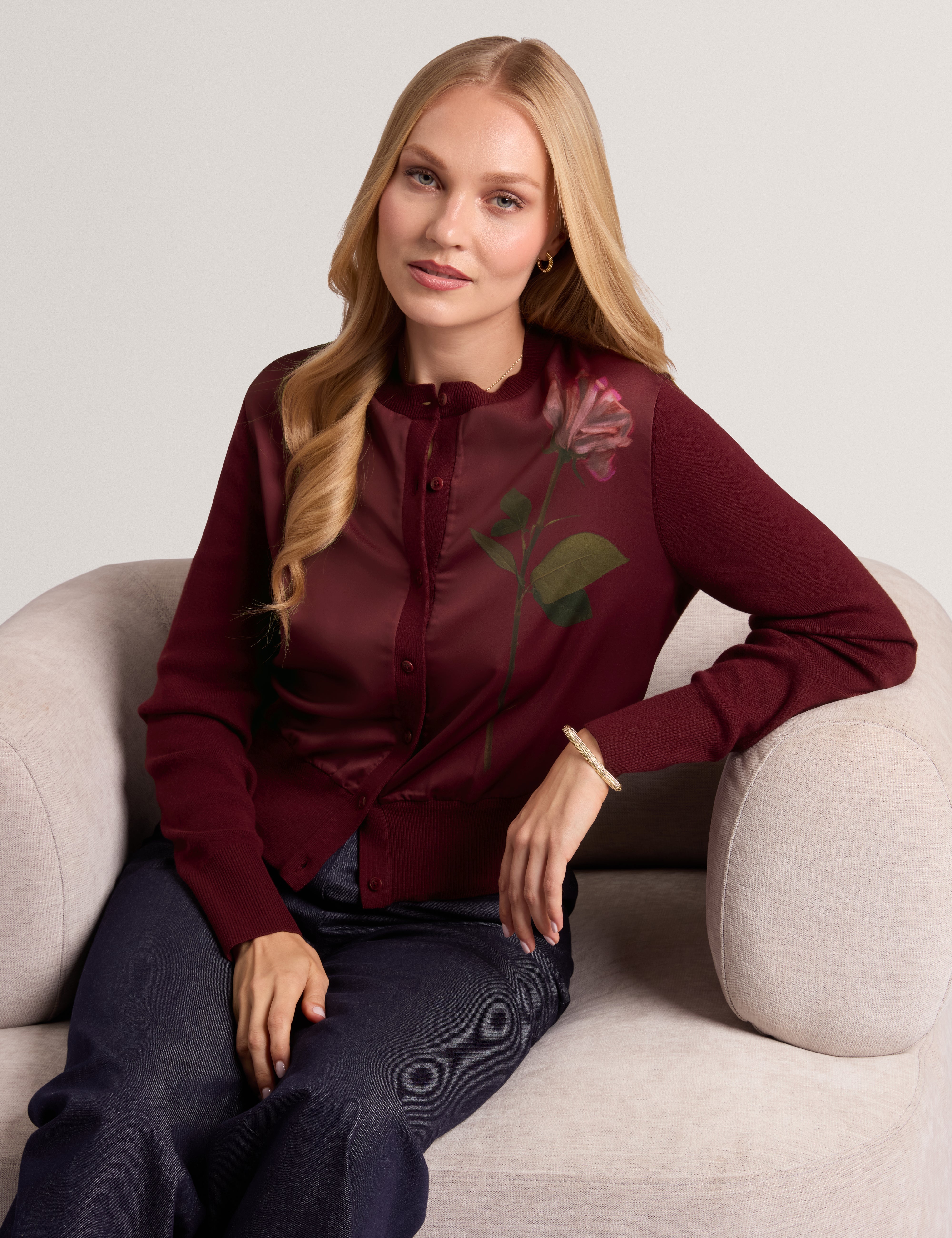 Nolya Floral Printed Woven Front Cardigan Maroon