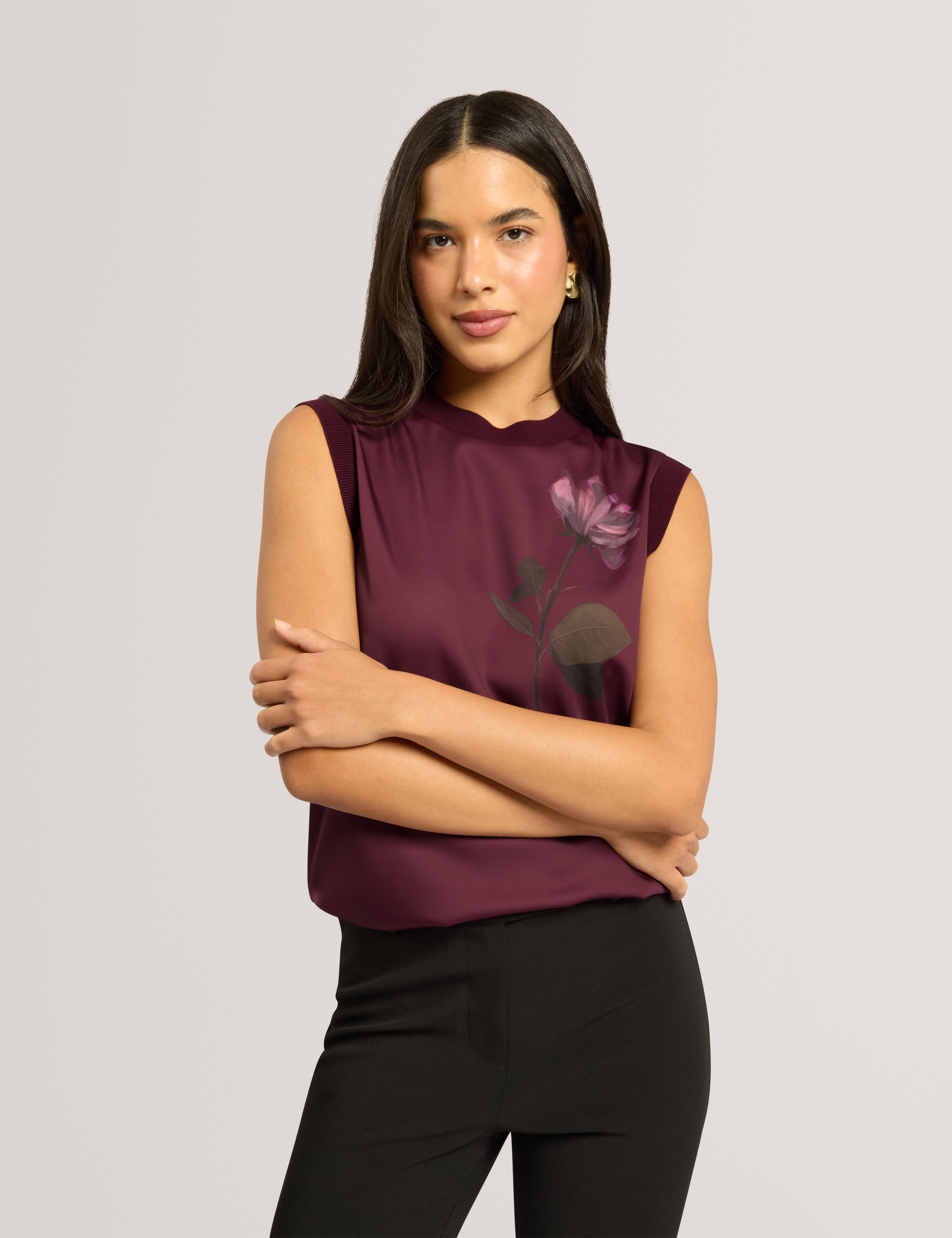 Naleia Floral Printed Woven Front Tank Maroon