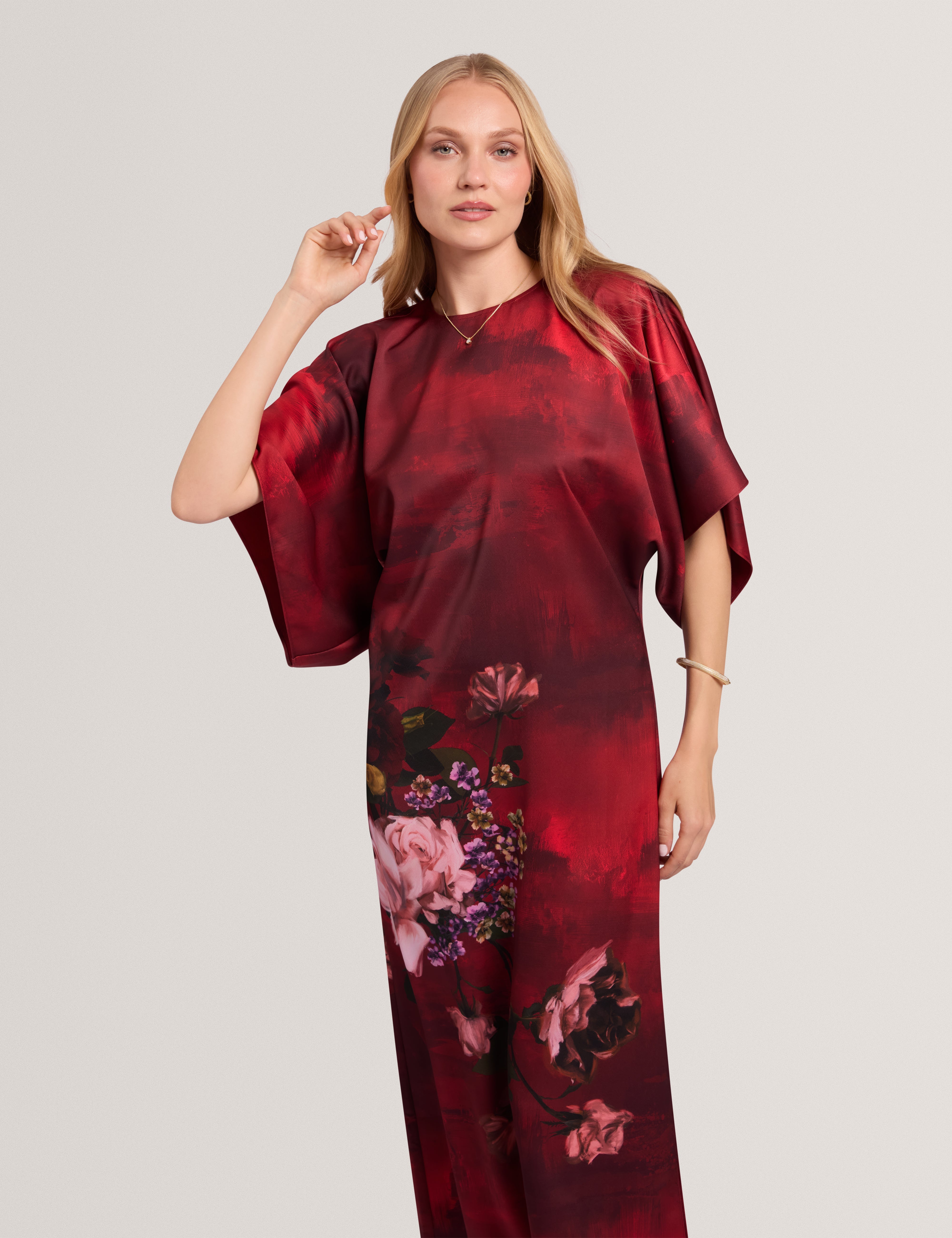 Meerai Floral Printed Bat Wing Midi Dress Red