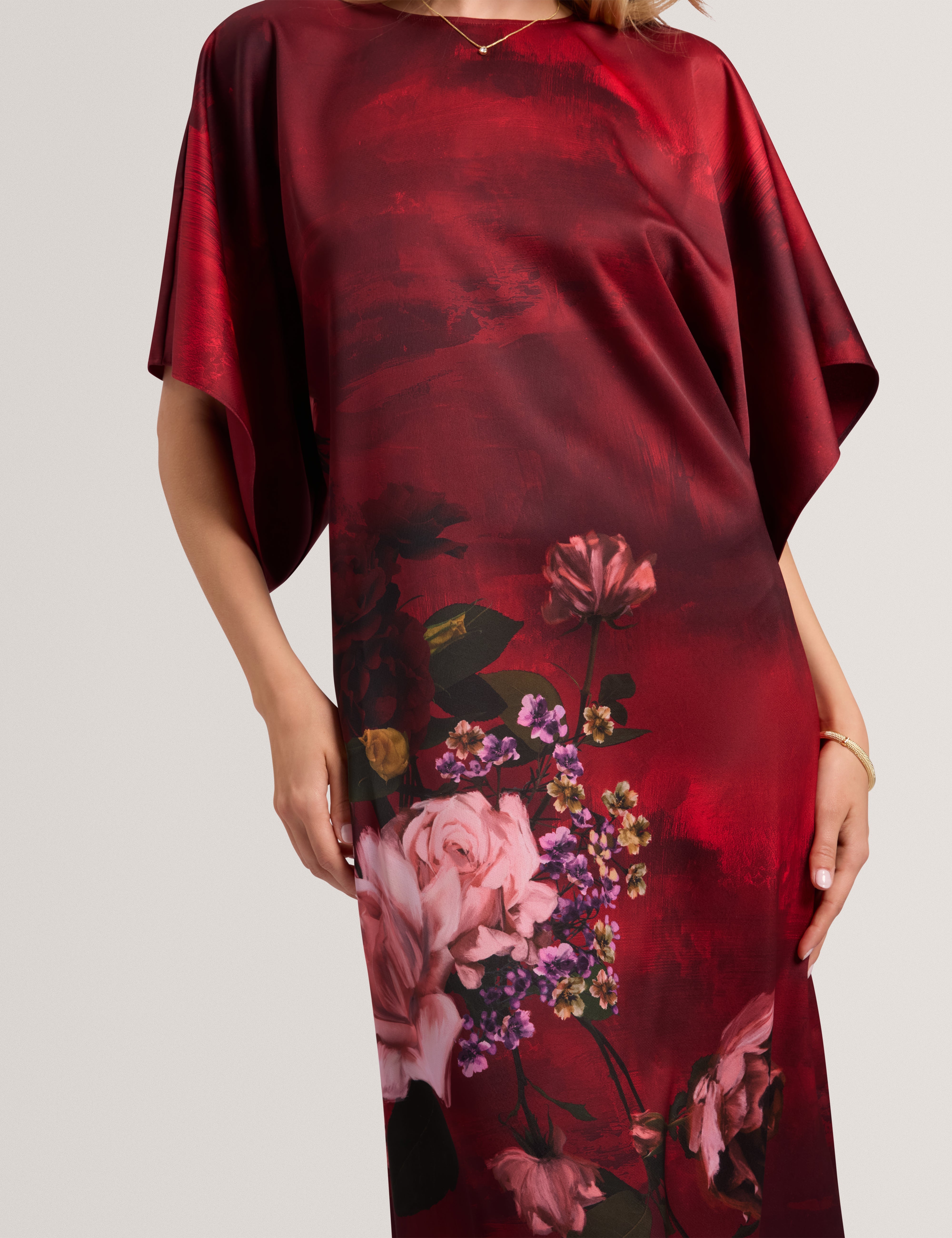 Meerai Floral Printed Bat Wing Midi Dress Red