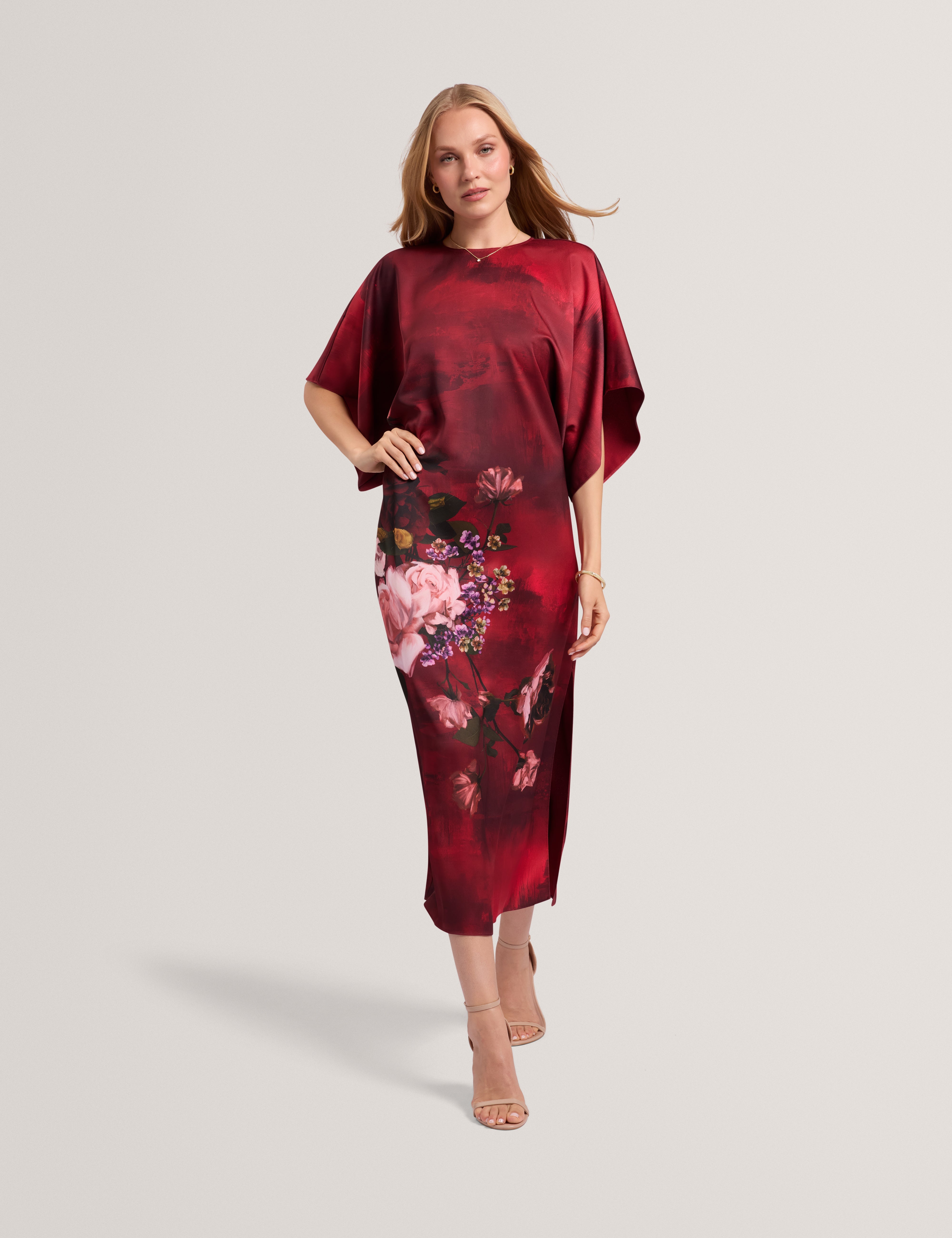 Meerai Floral Printed Bat Wing Midi Dress Red