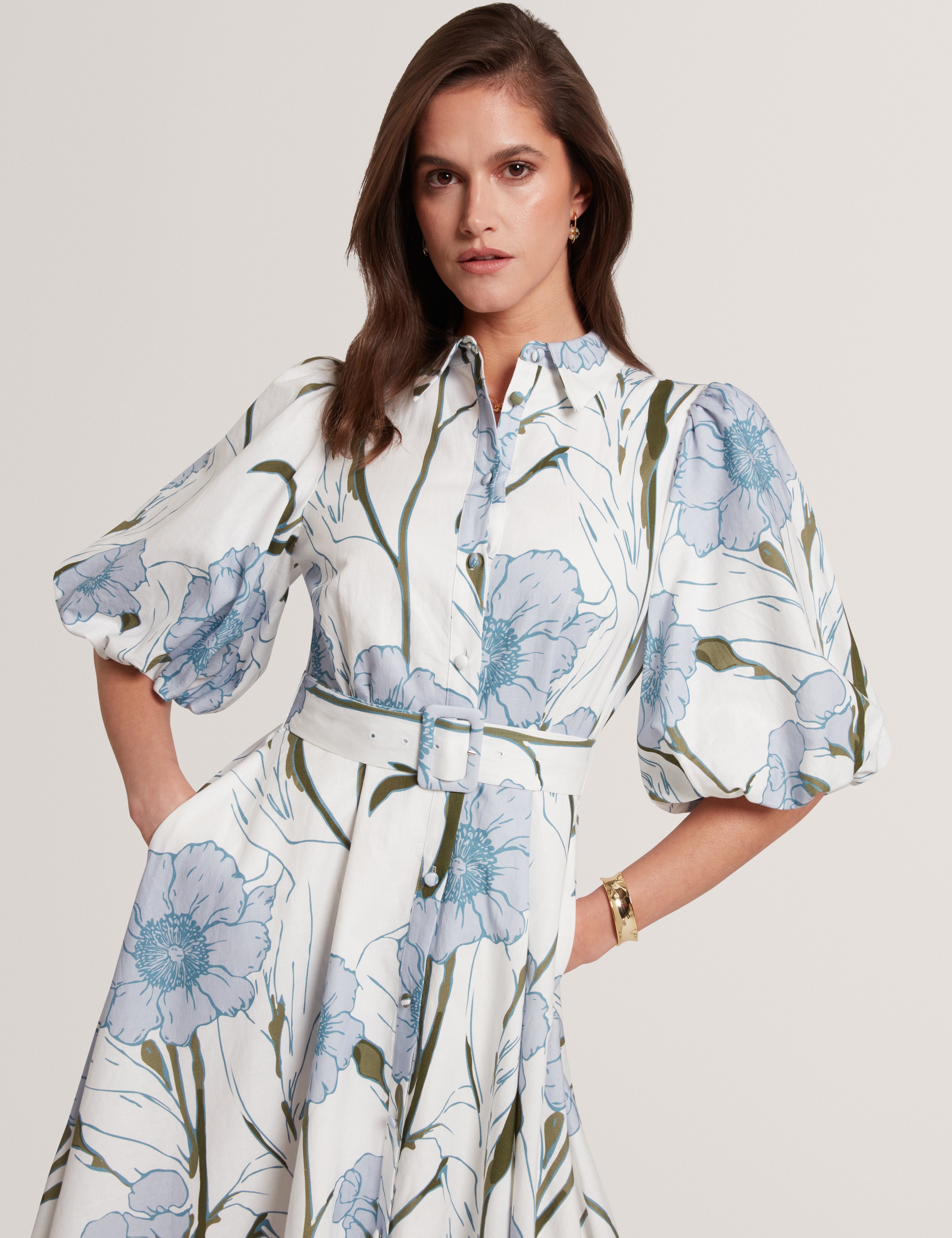 Alimma Printed Puff Sleeve Linen Blend Midi Dress Ivory