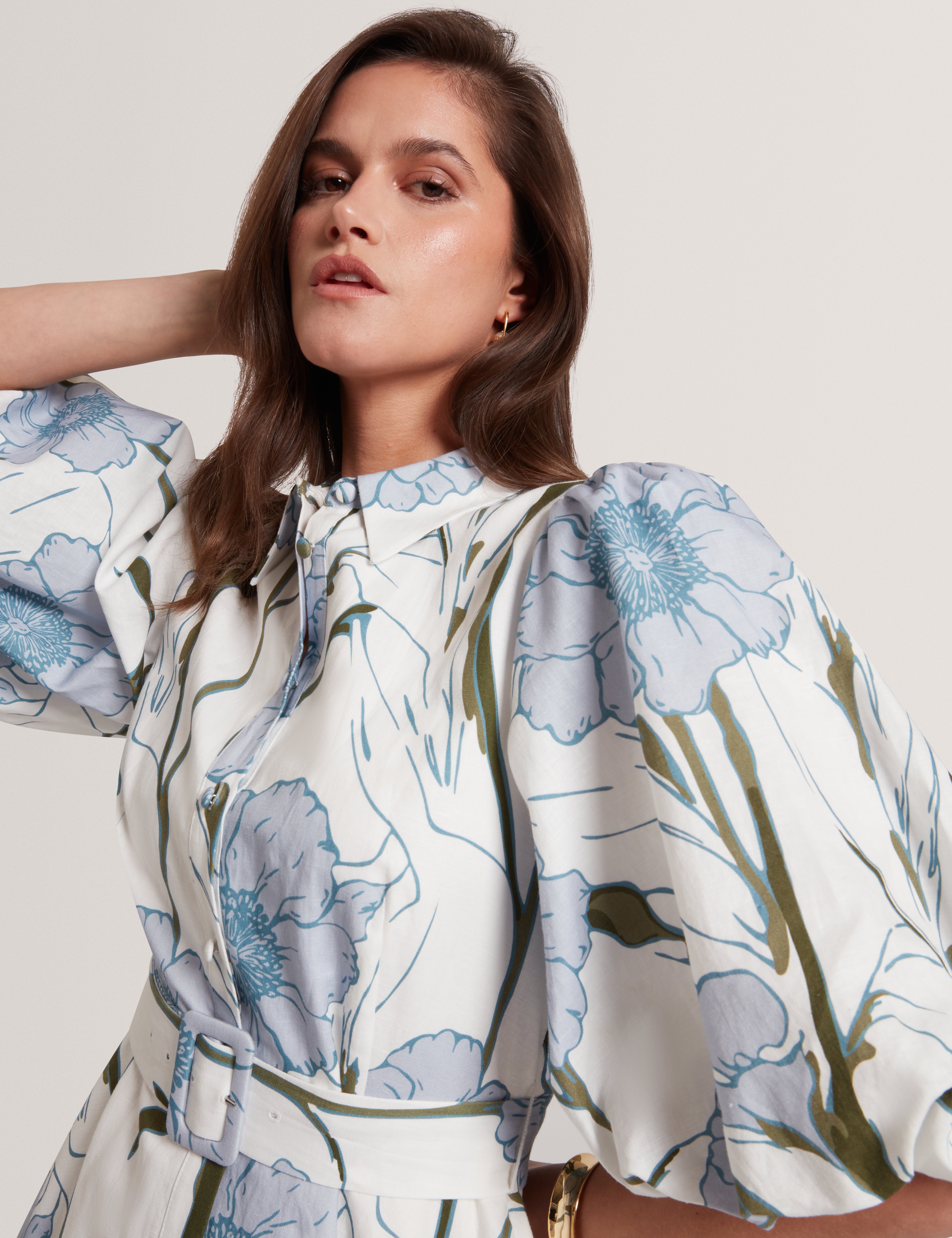 Alimma Printed Puff Sleeve Linen Blend Midi Dress Ivory