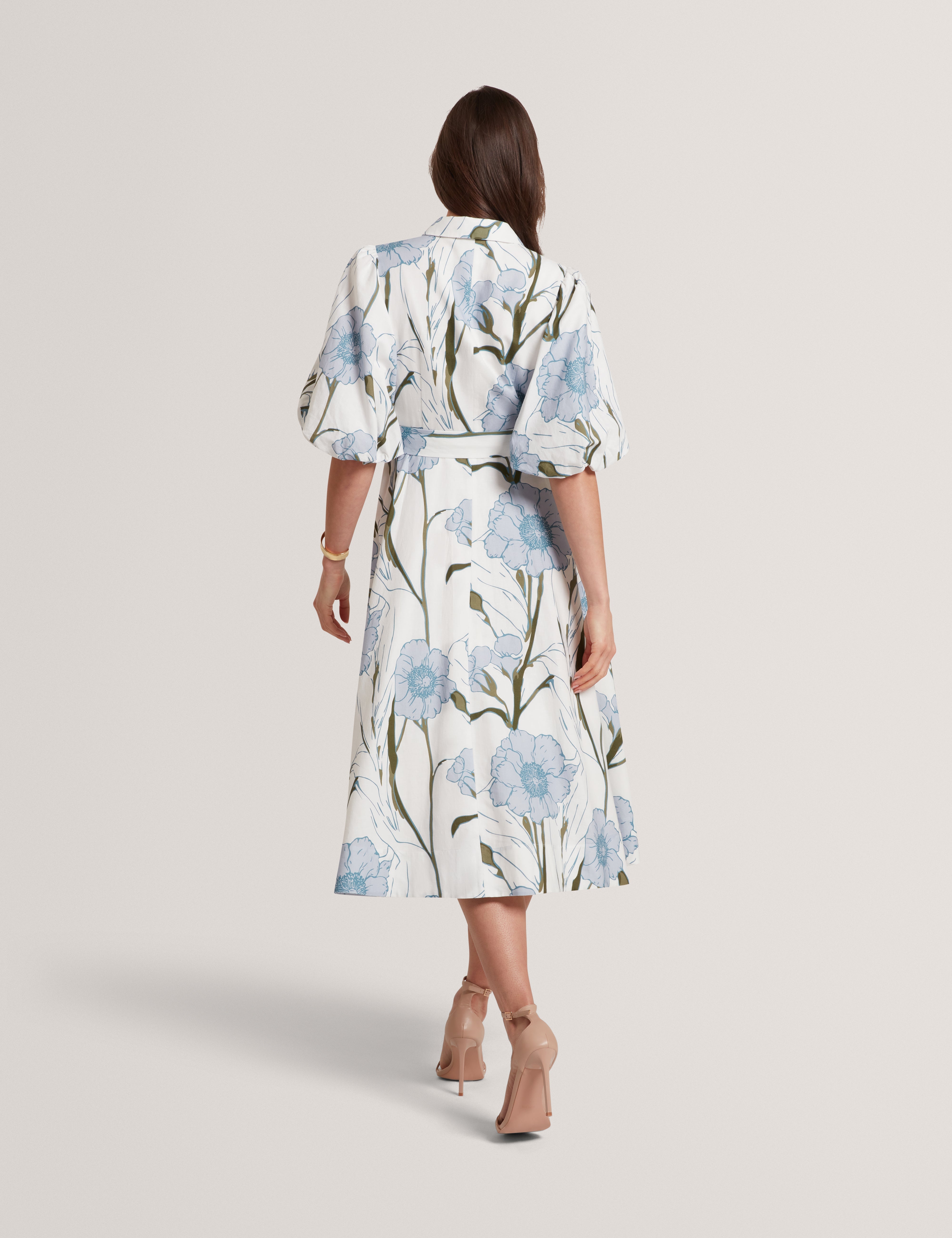 Alimma Printed Puff Sleeve Linen Blend Midi Dress Ivory