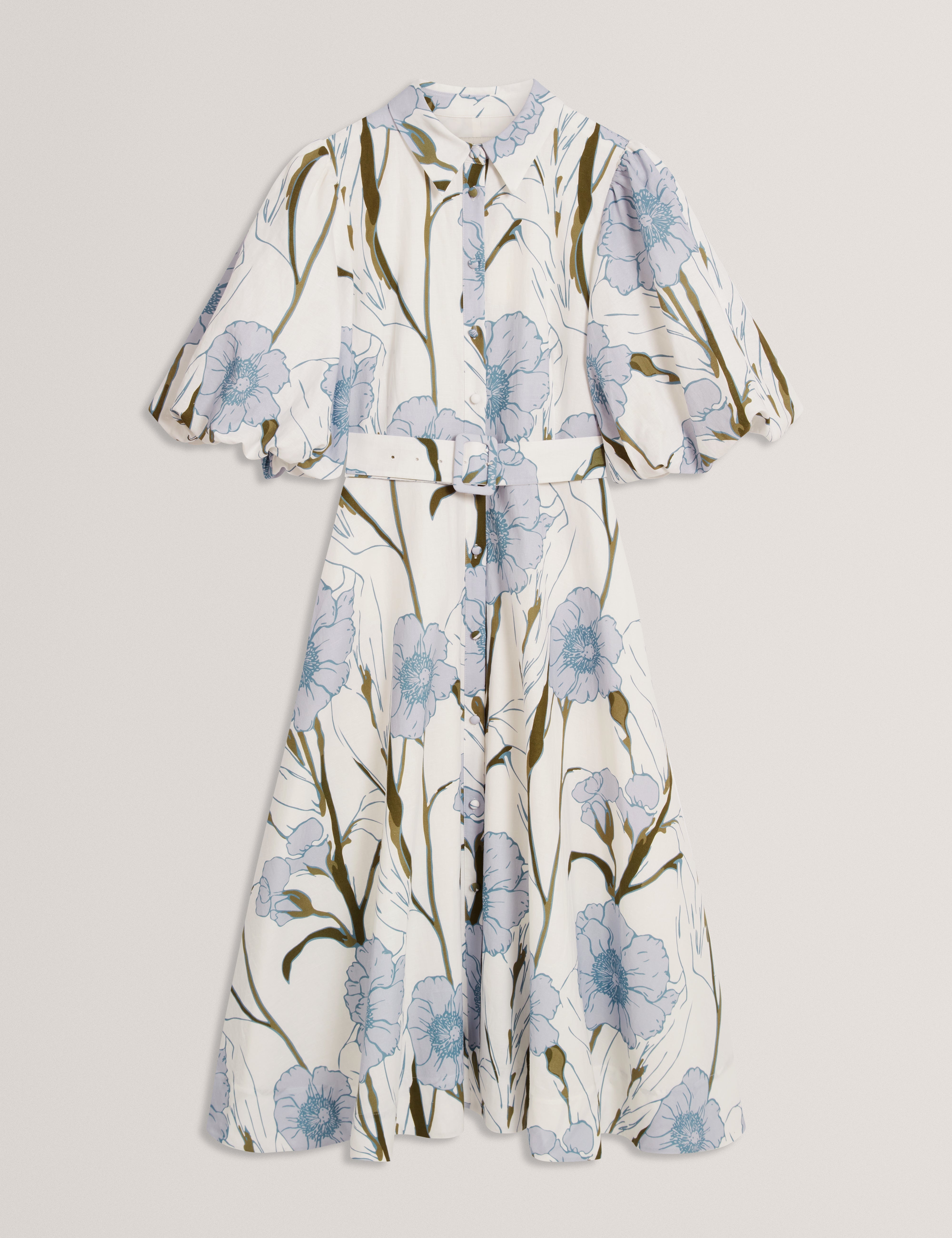 Alimma Printed Puff Sleeve Linen Blend Midi Dress Ivory