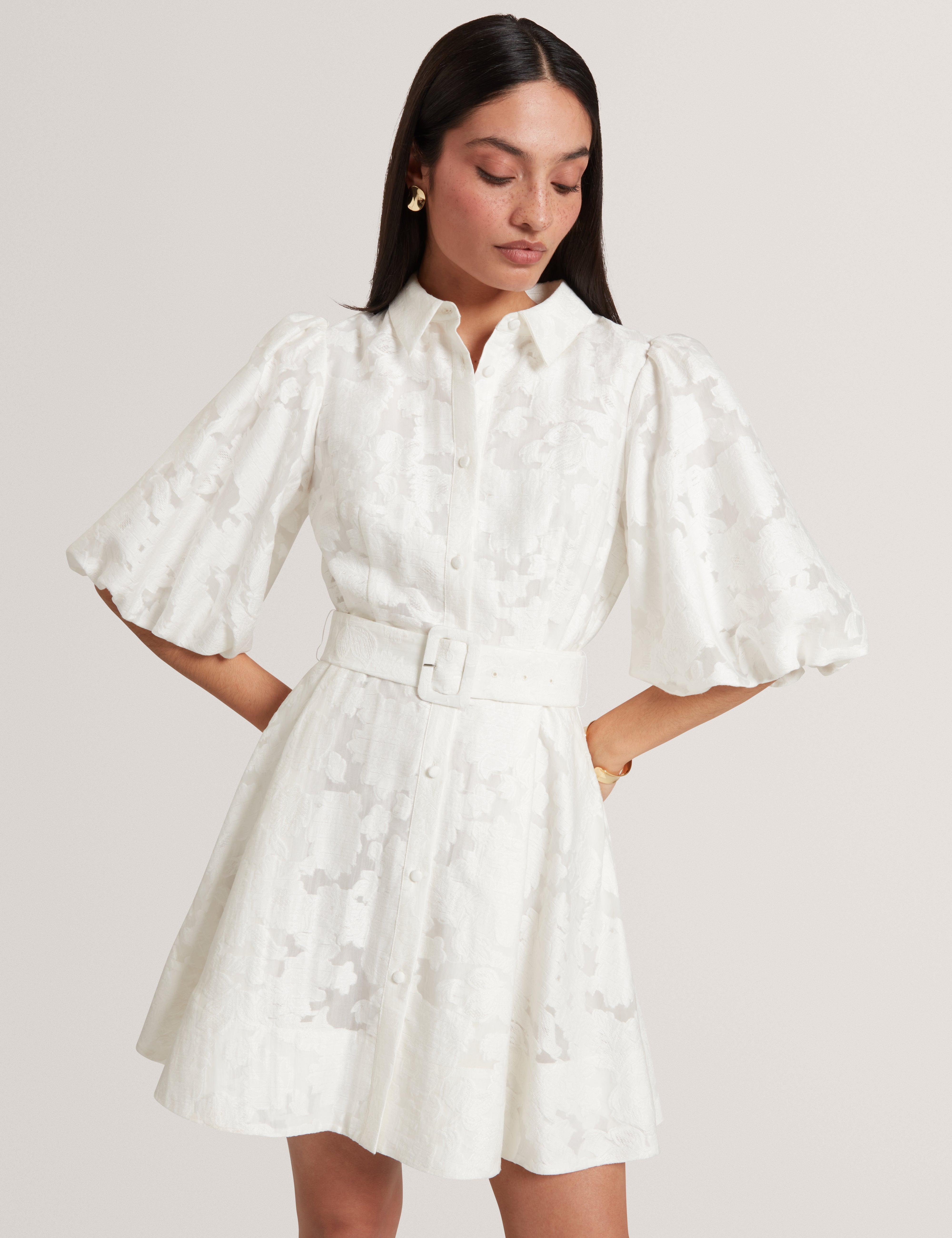Antya Textured Puff Sleeve Mini Dress White