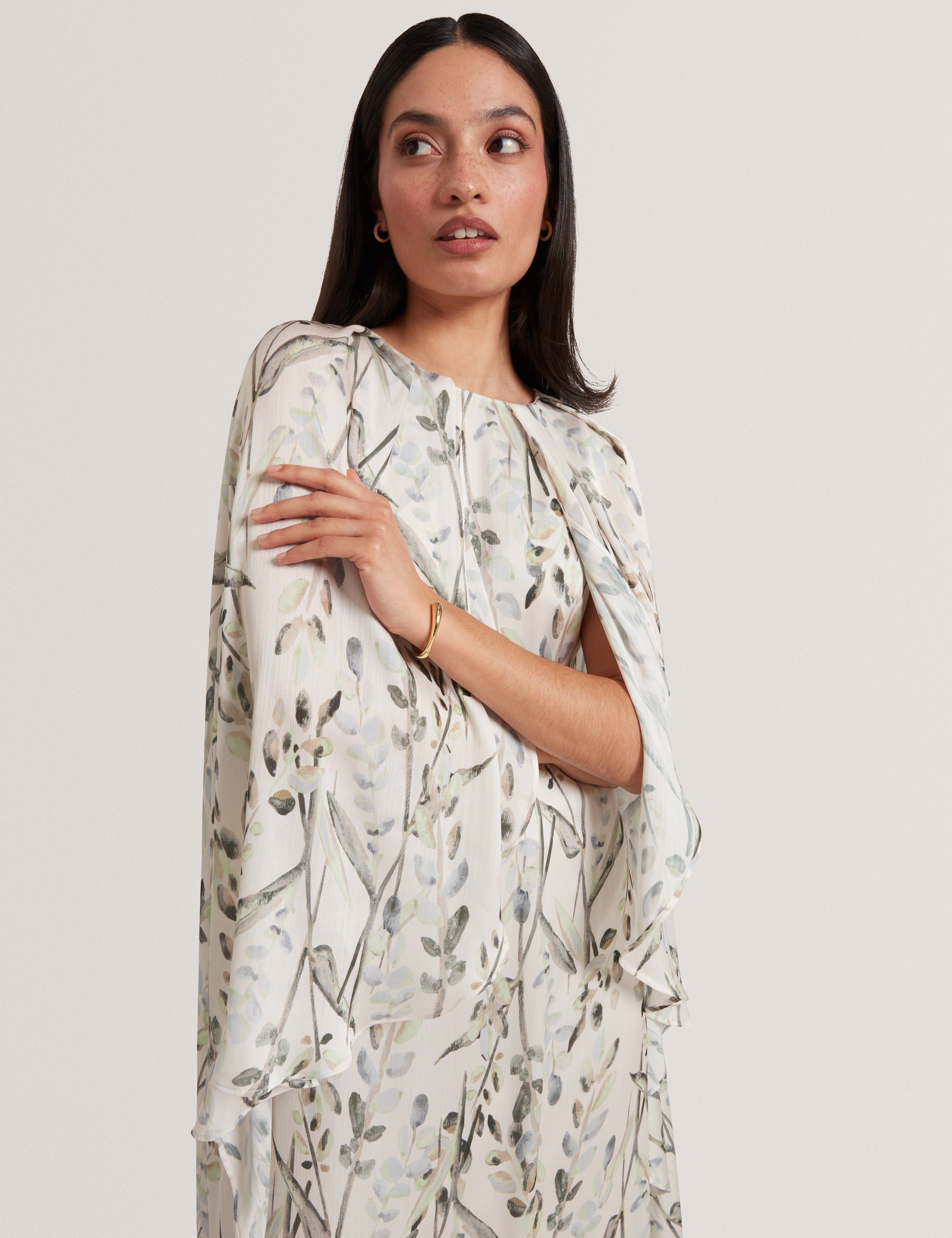Gildaa Printed Cape Detail Maxi Dress Natural
