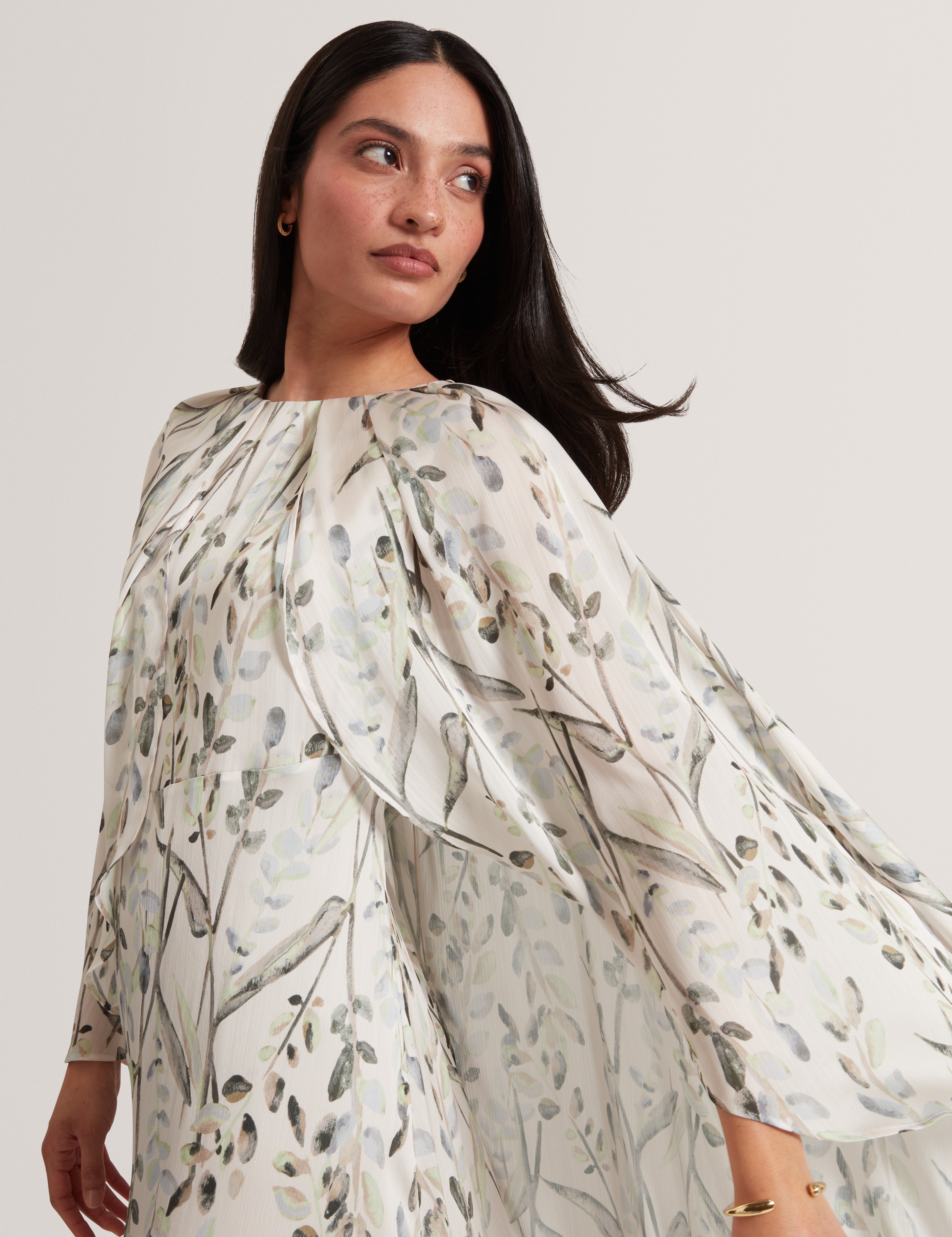 Gildaa Printed Cape Detail Maxi Dress Natural