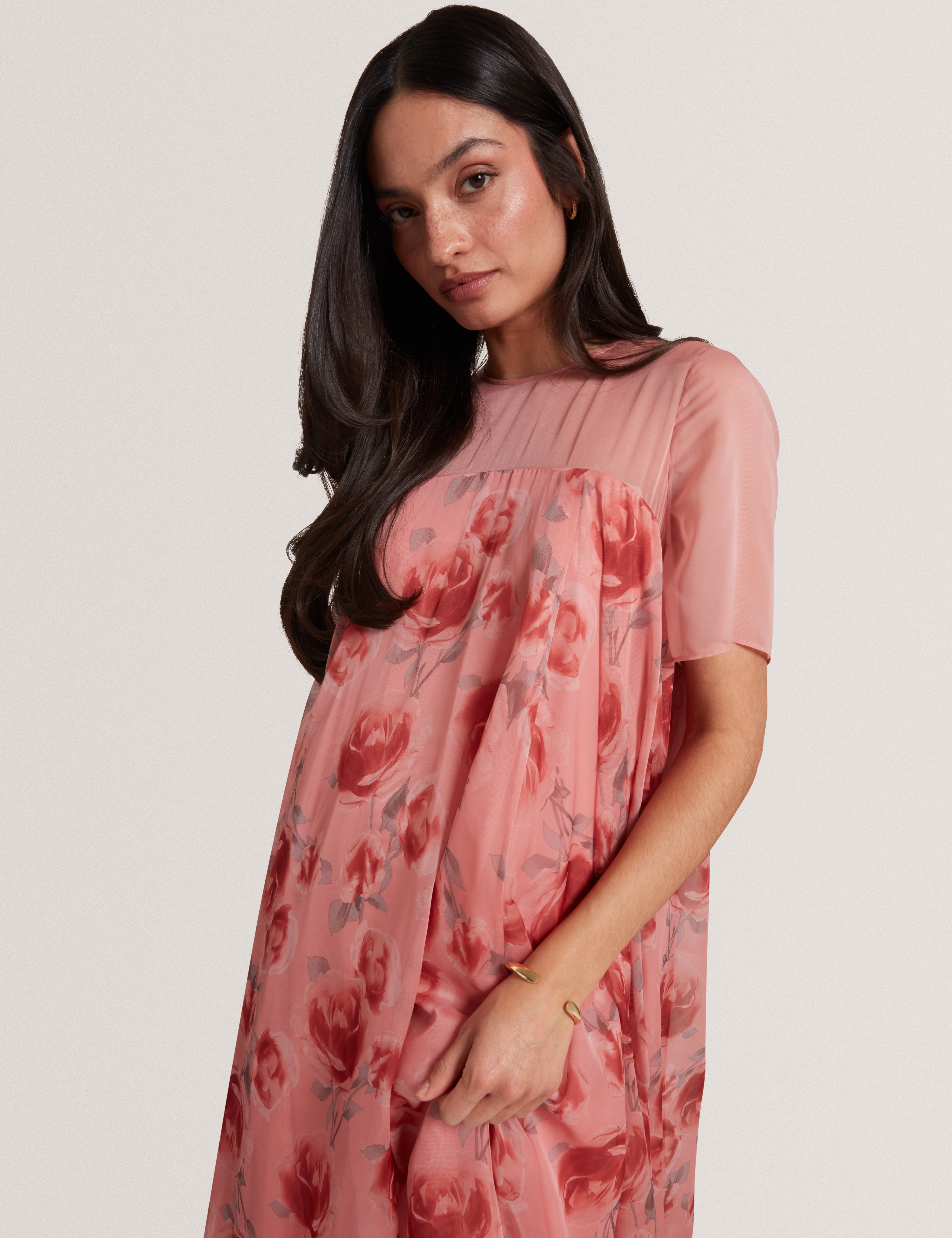 Meeza Printed Sheer Cap Sleeve Maxi Dress Coral