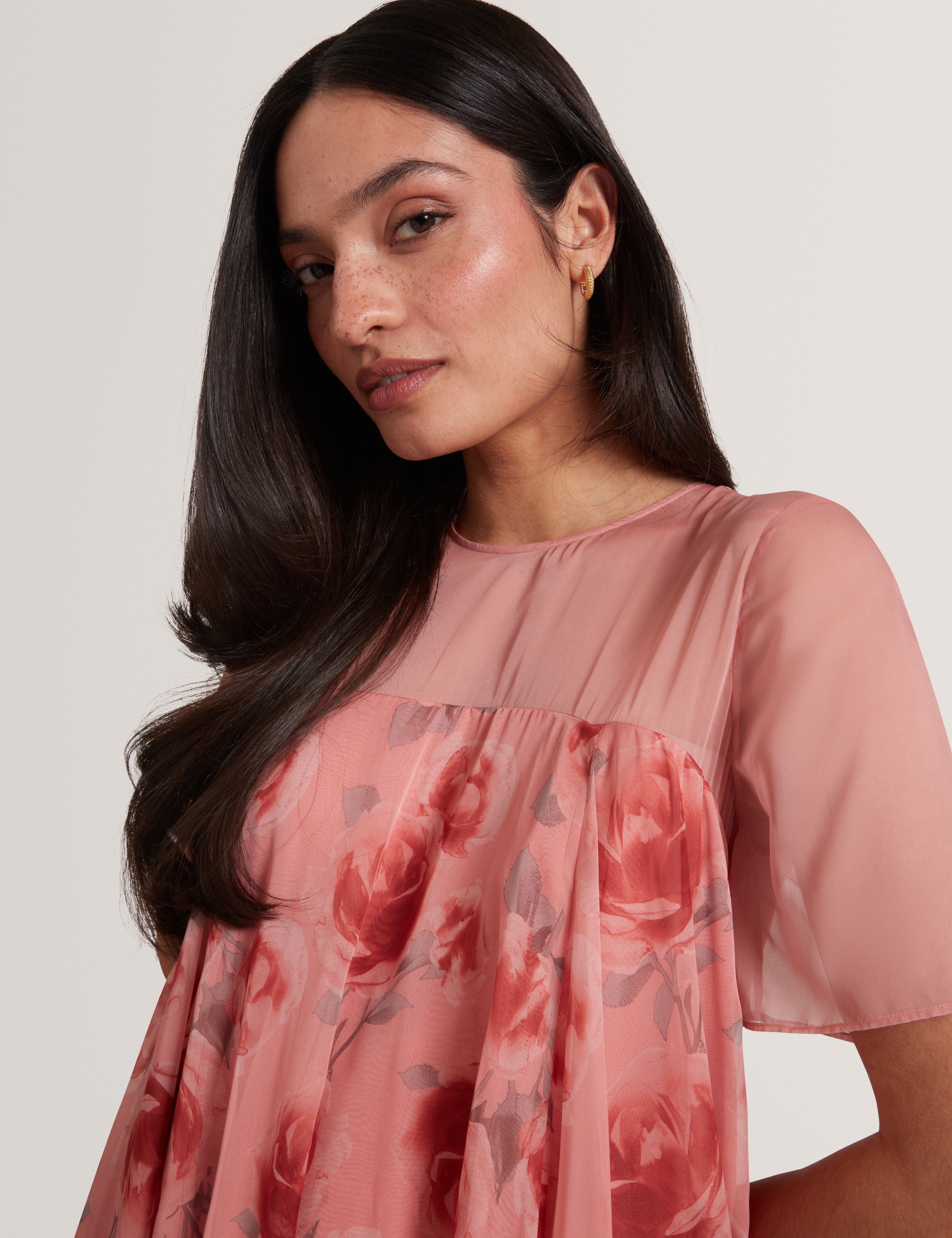 Meeza Printed Sheer Cap Sleeve Maxi Dress Coral