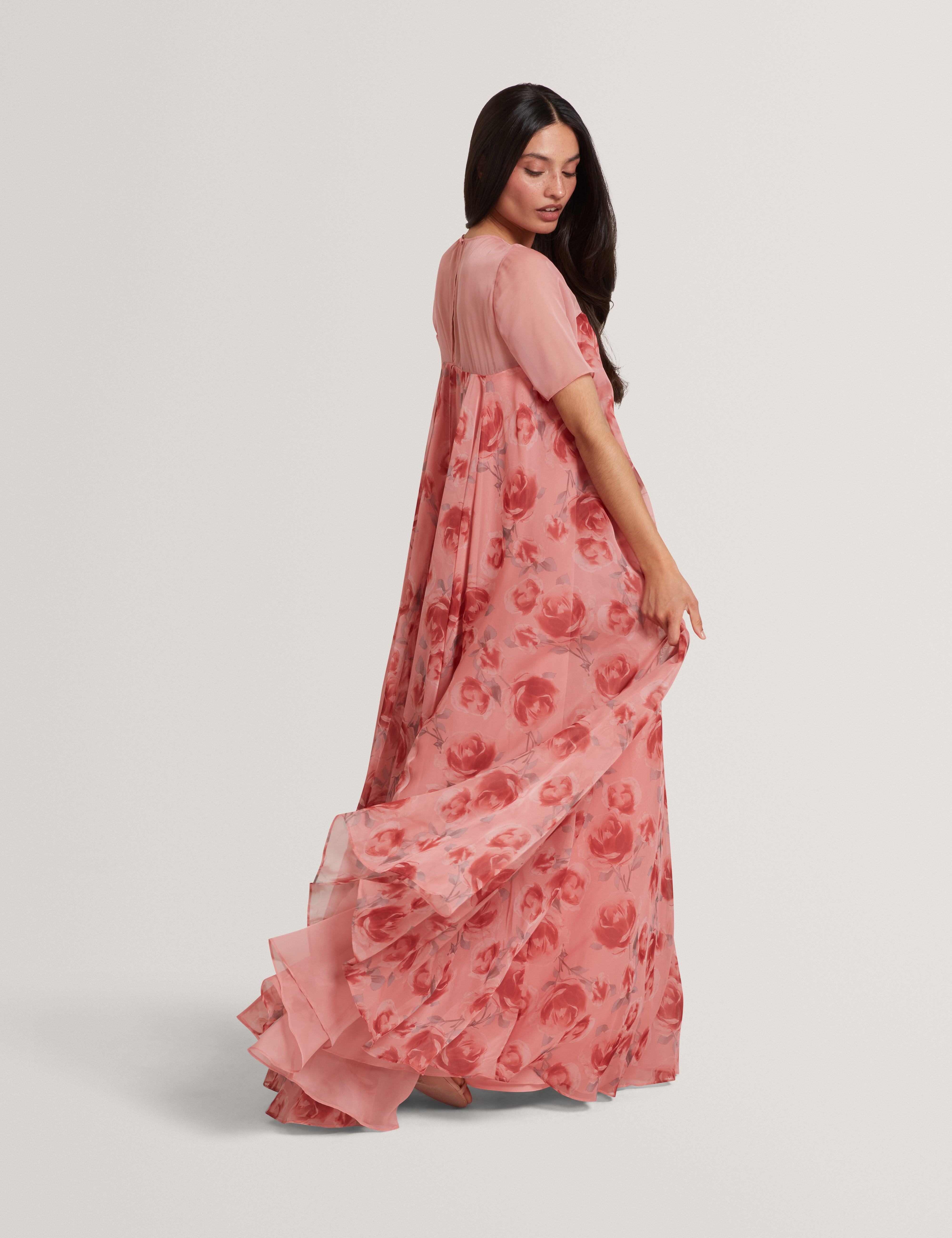 Meeza Printed Sheer Cap Sleeve Maxi Dress Coral