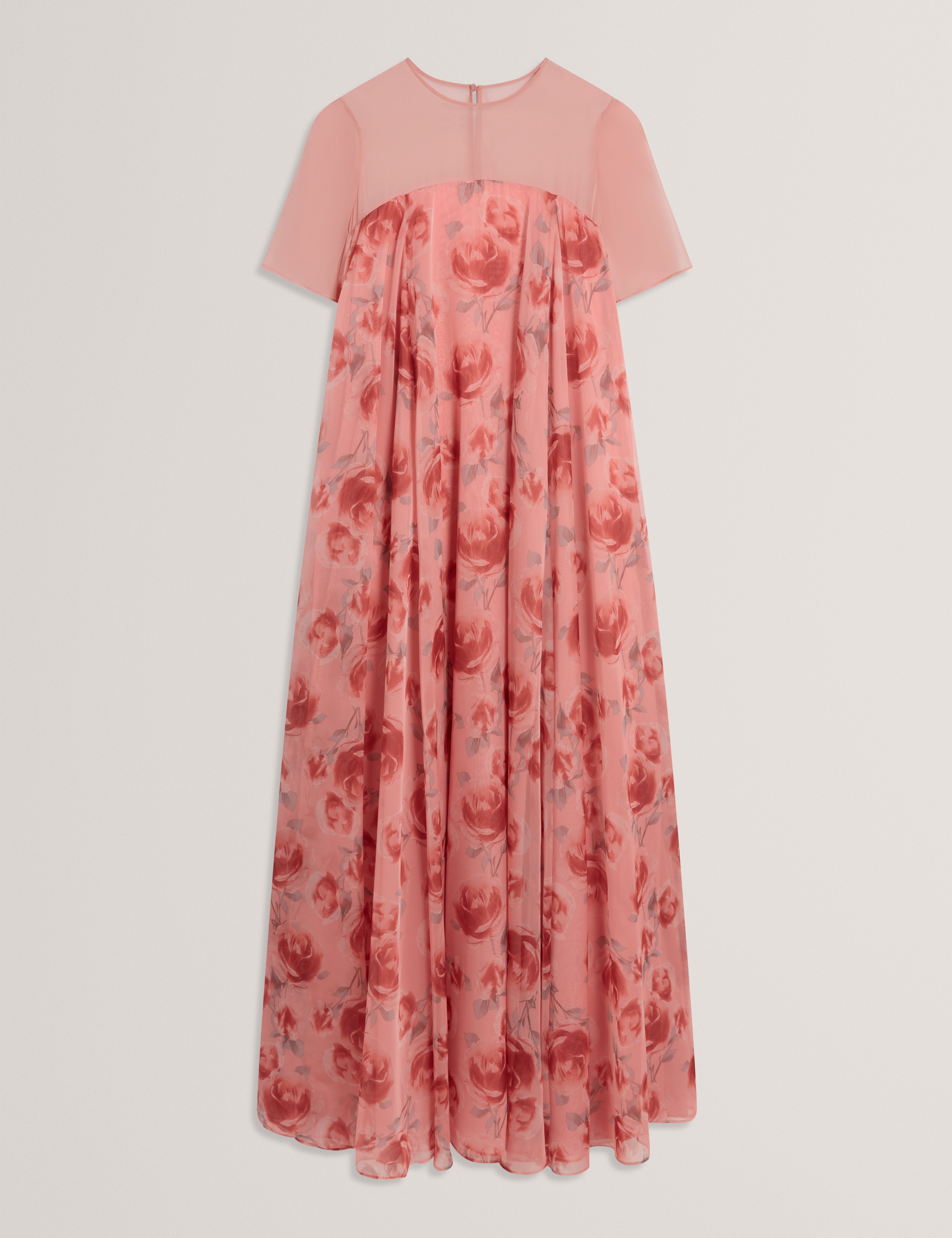 Meeza Printed Sheer Cap Sleeve Maxi Dress Coral