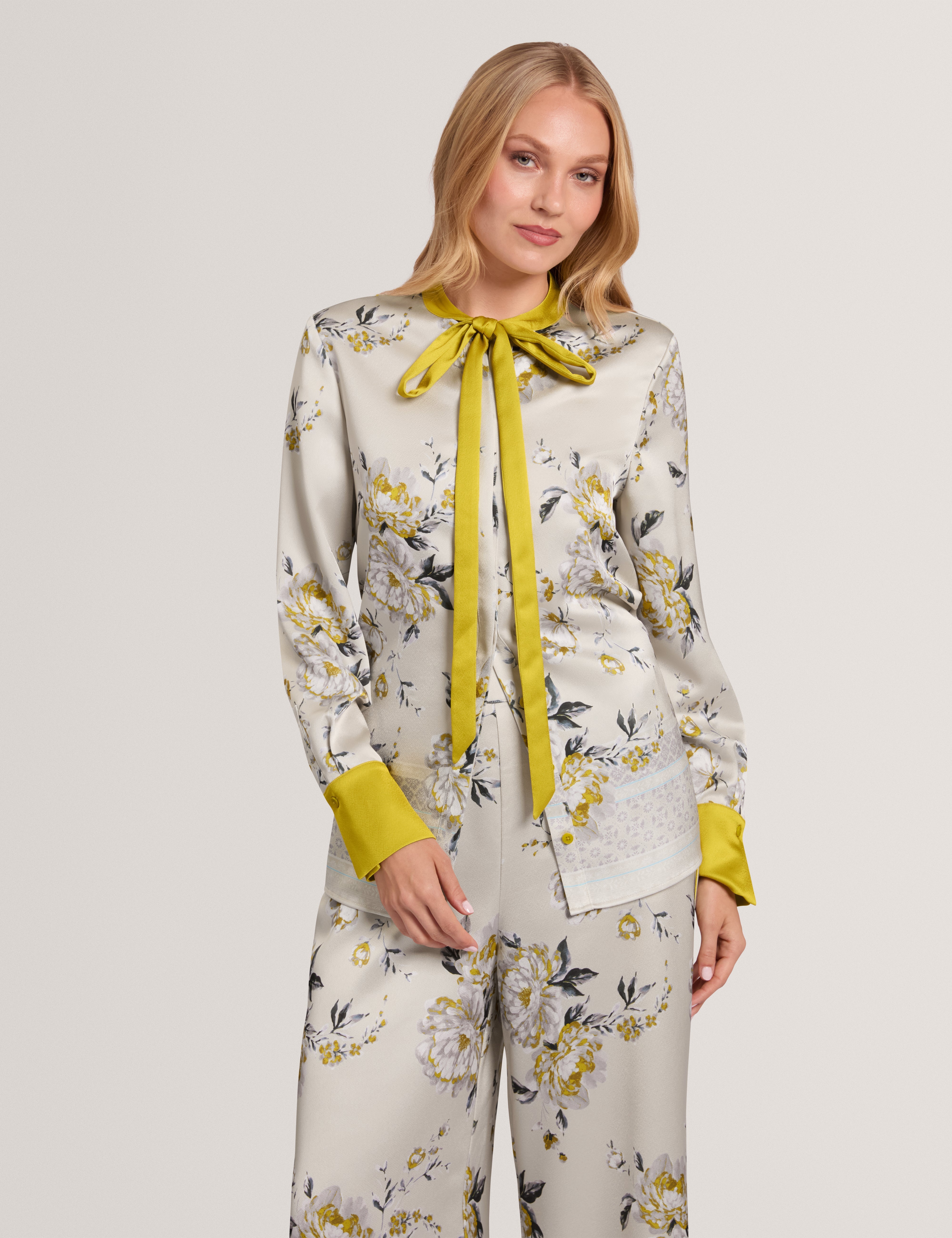 Resina Floral Printed Neck Tie Blouse Lt-Grey