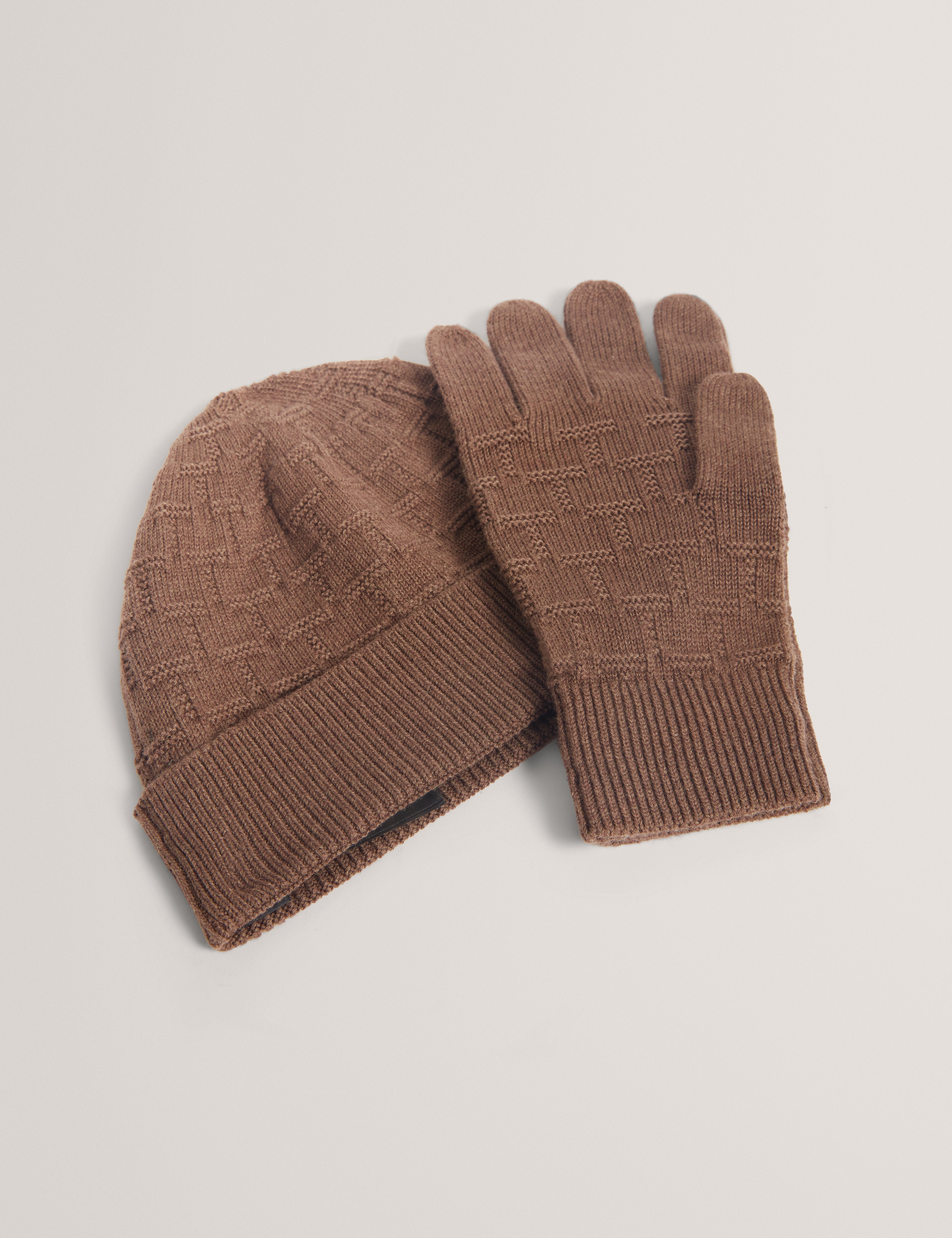 Nathann T Repeat Knitted Hat And Glove Set Brown