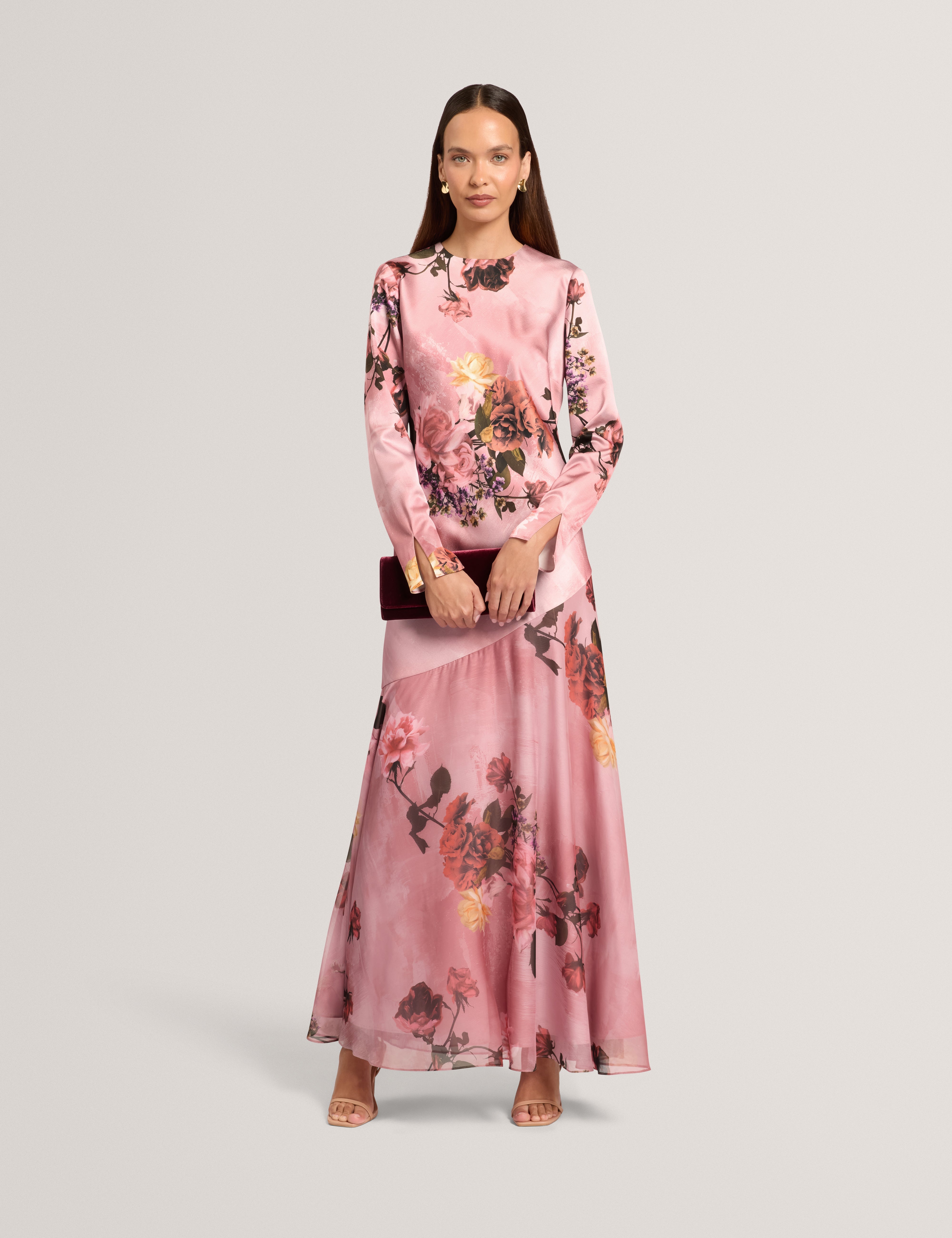 Ischia Long Sleeve Diagonal Waist Seam Maxi Dress Pl-Pink