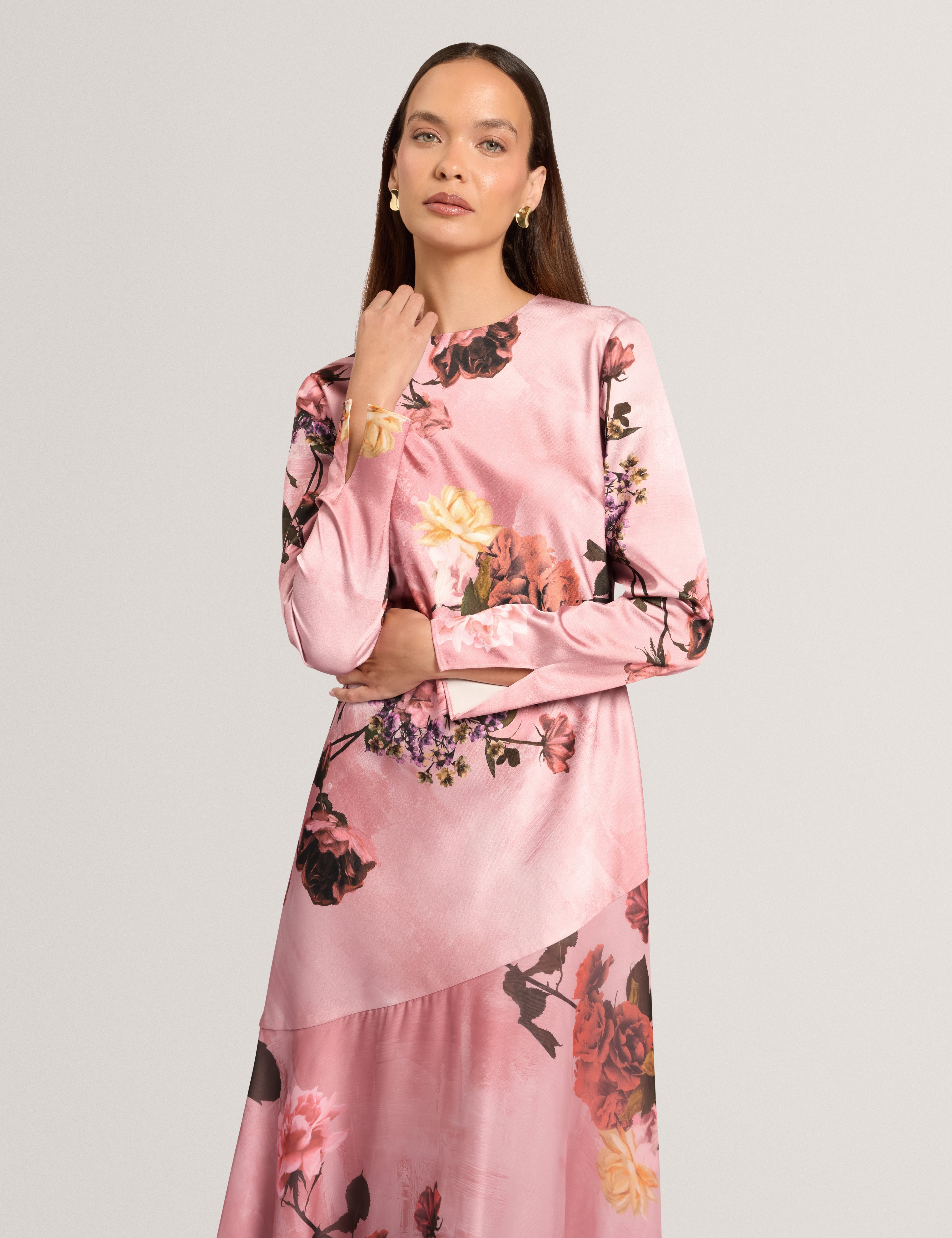Ischia Long Sleeve Diagonal Waist Seam Maxi Dress Pl-Pink