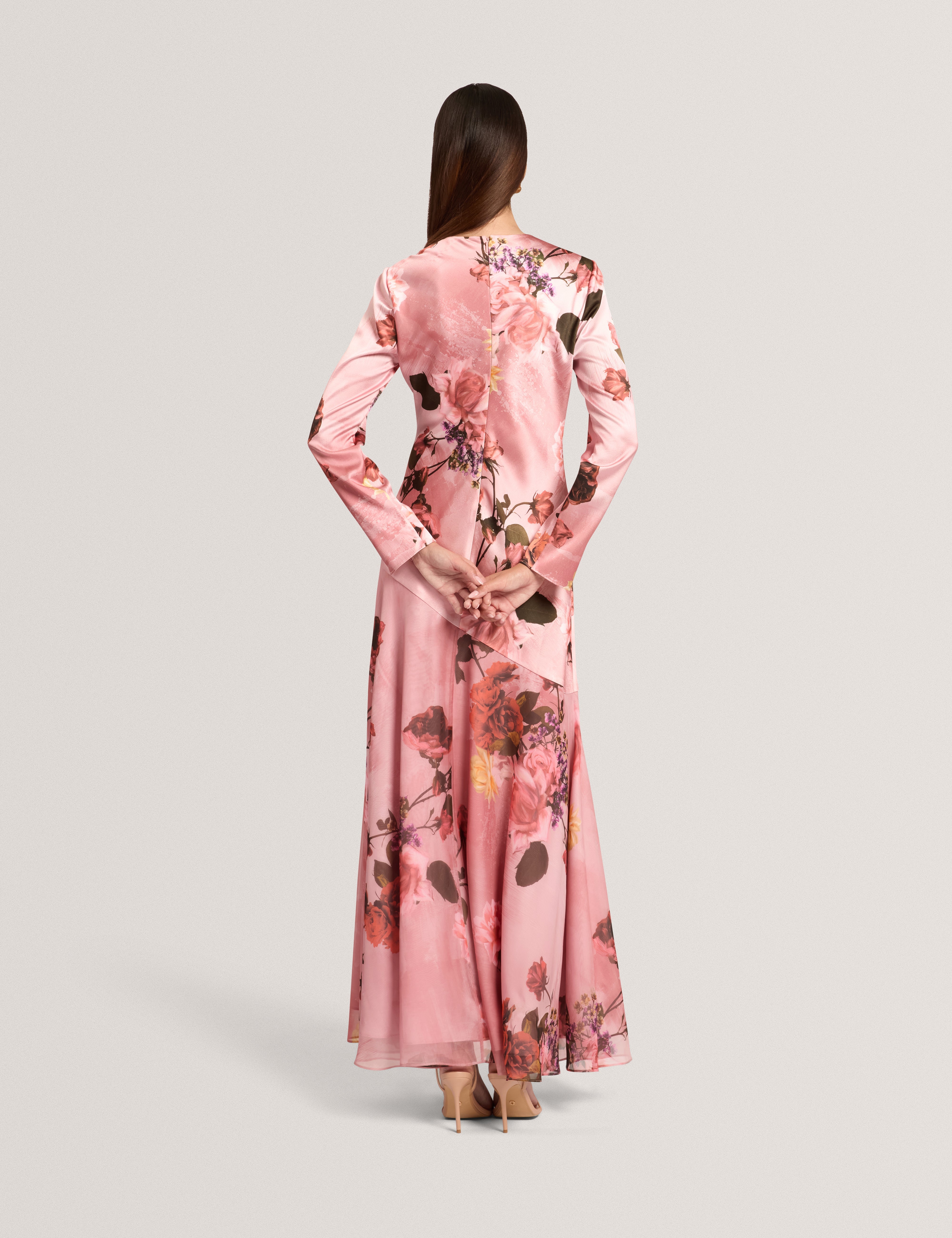 Ischia Long Sleeve Diagonal Waist Seam Maxi Dress Pl-Pink