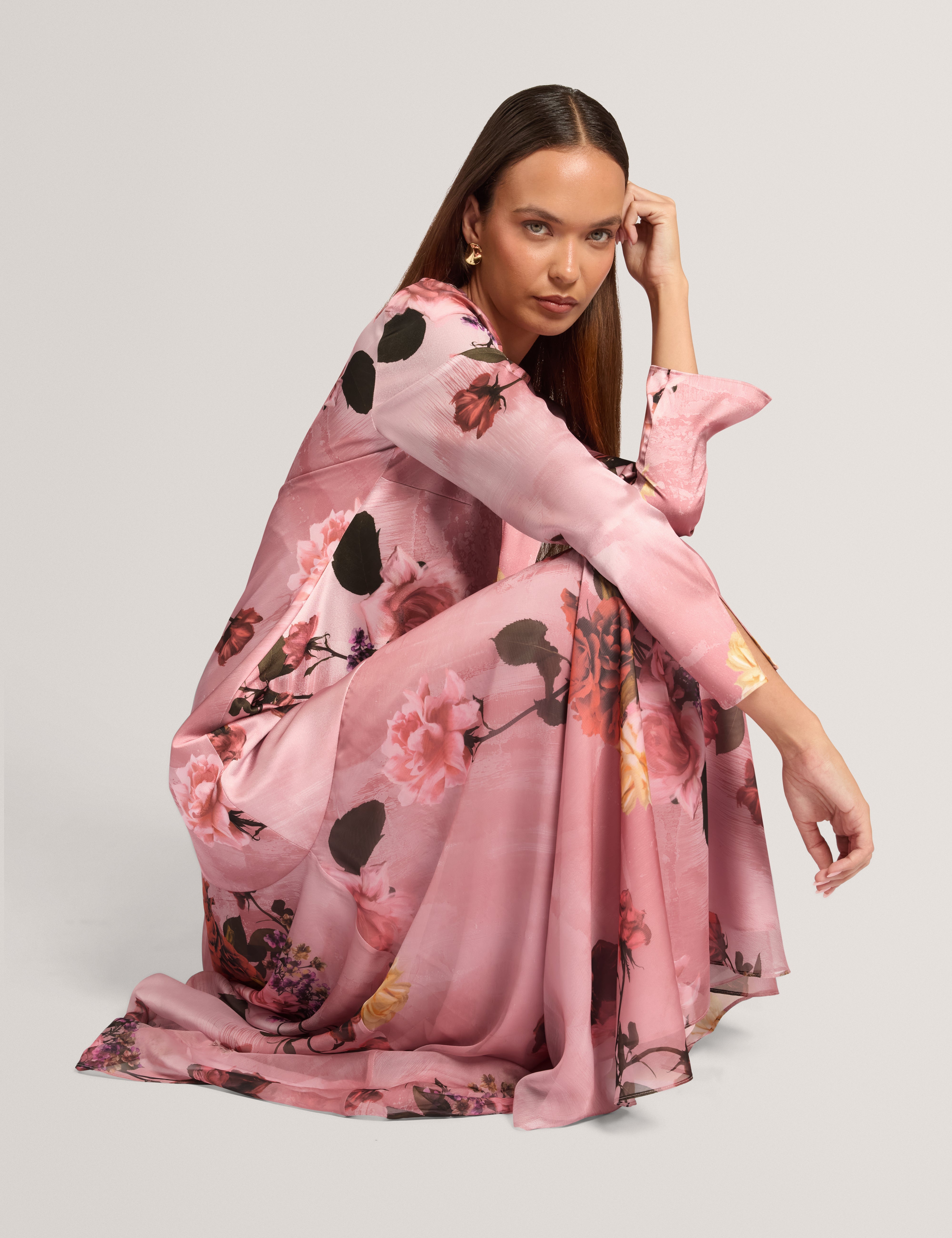 Ischia Long Sleeve Diagonal Waist Seam Maxi Dress Pl-Pink