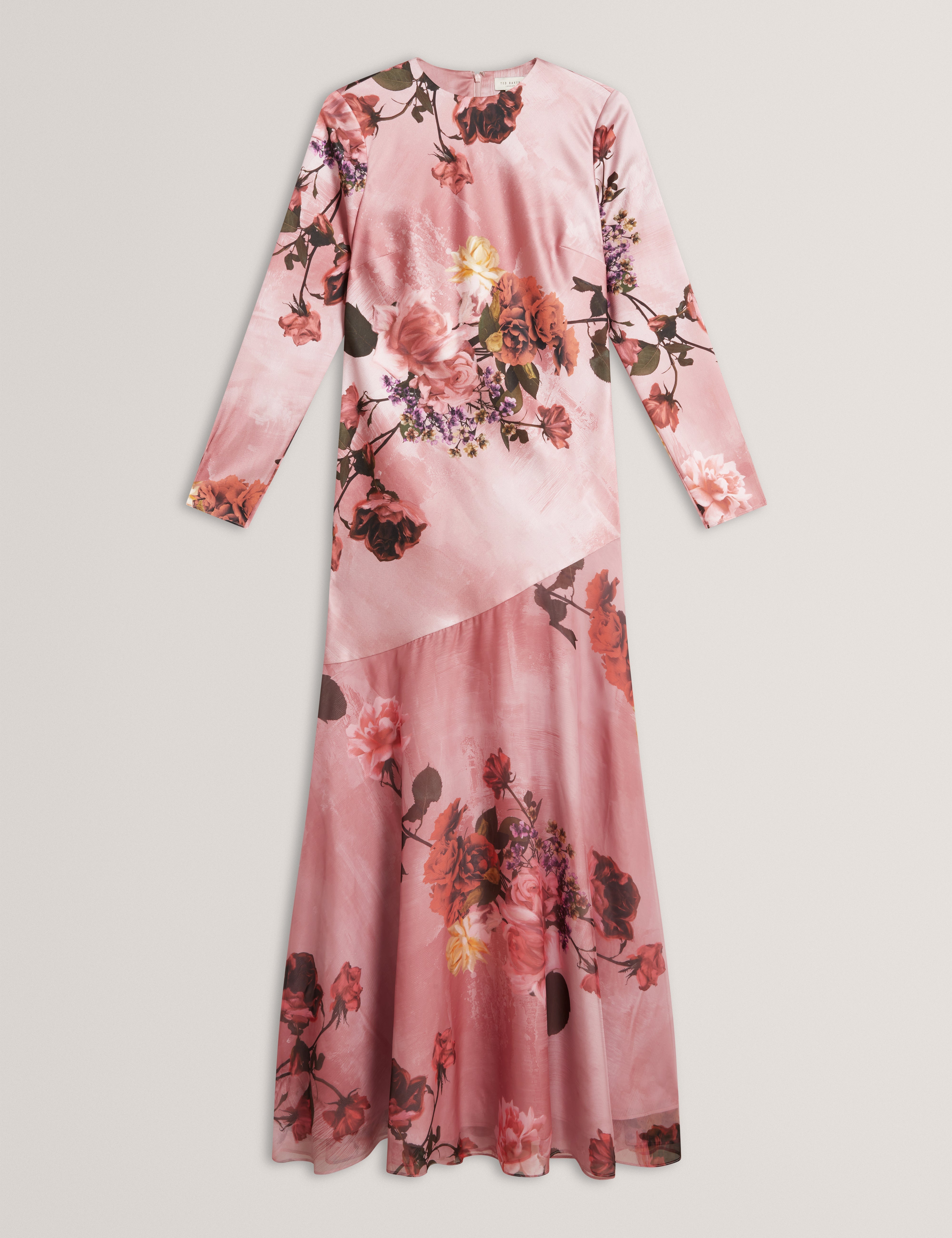 Ischia Long Sleeve Diagonal Waist Seam Maxi Dress Pl-Pink