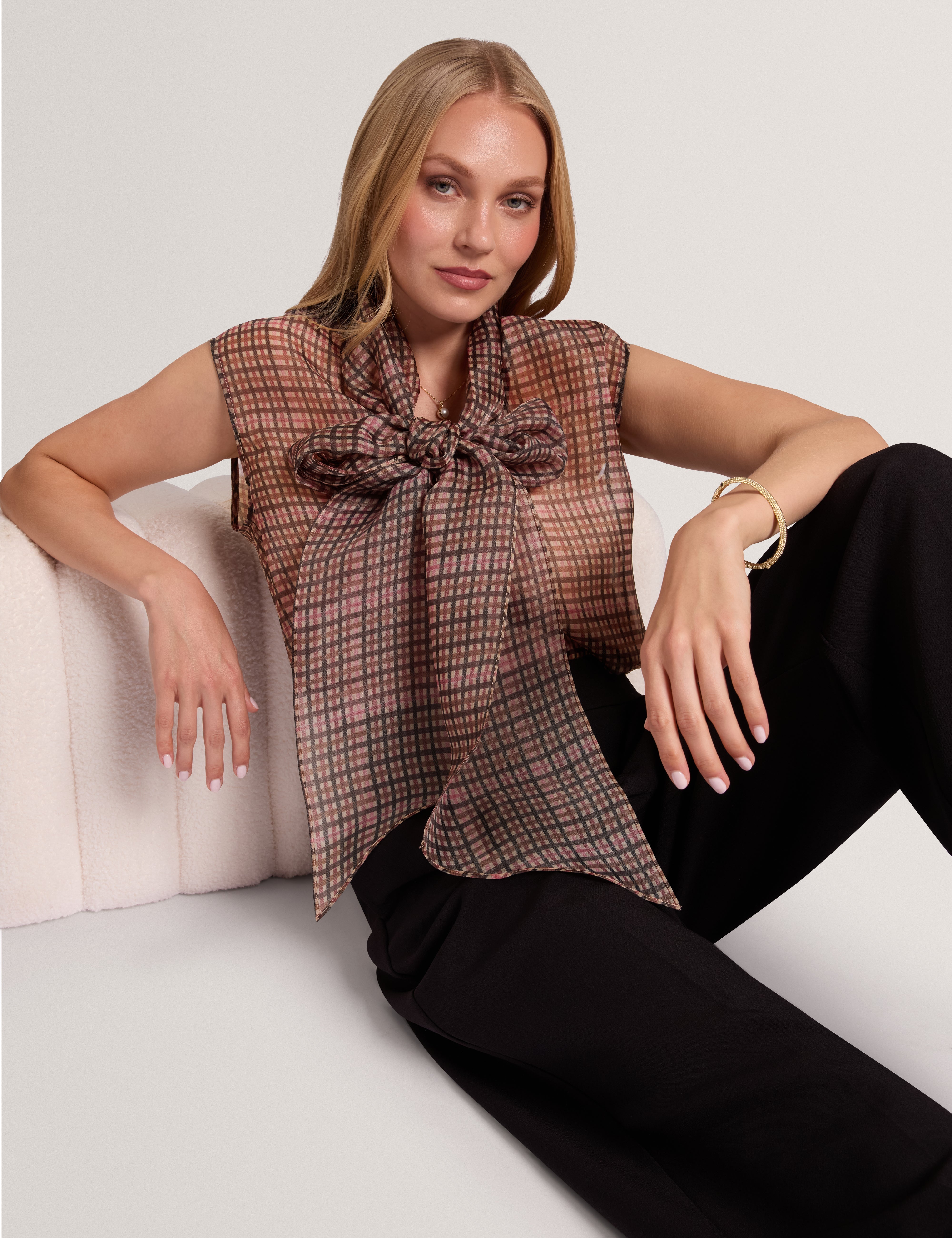 Greeza Organza Check Top With Detachable Beige
