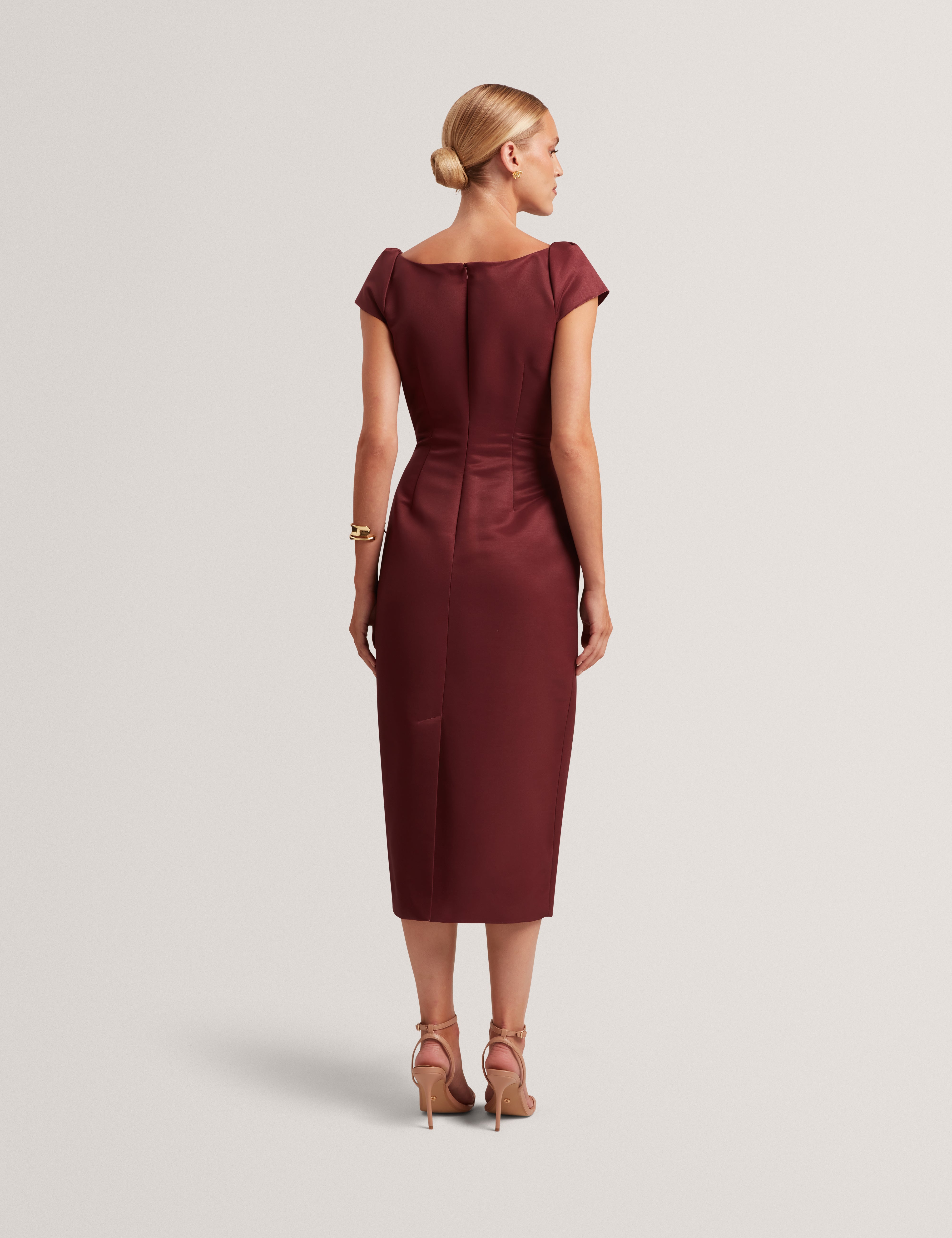 Relaa Printed Ottoman Midi Dress Maroon
