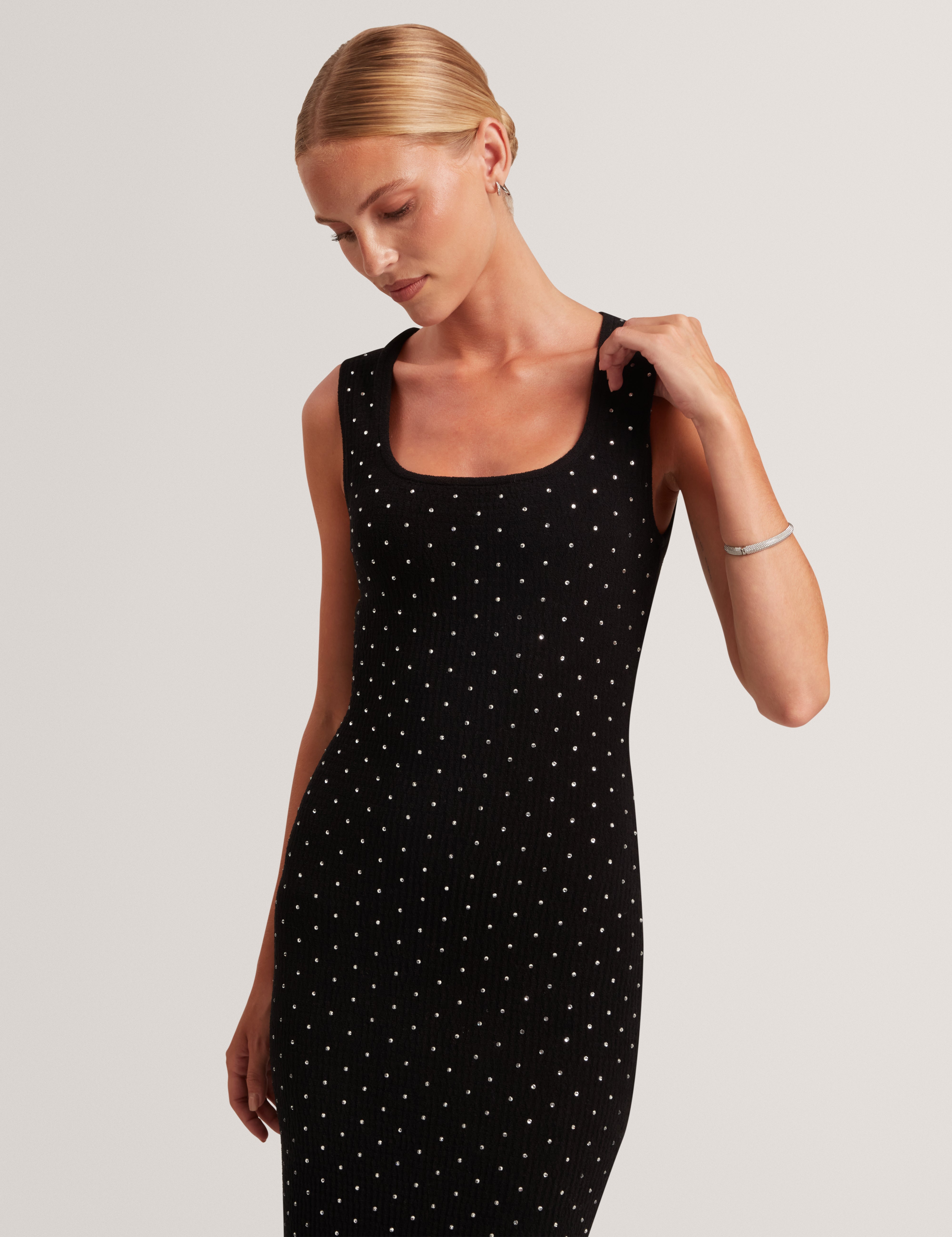 Nyella Open Neck Hot Fix Bodycon Midi Dress Black