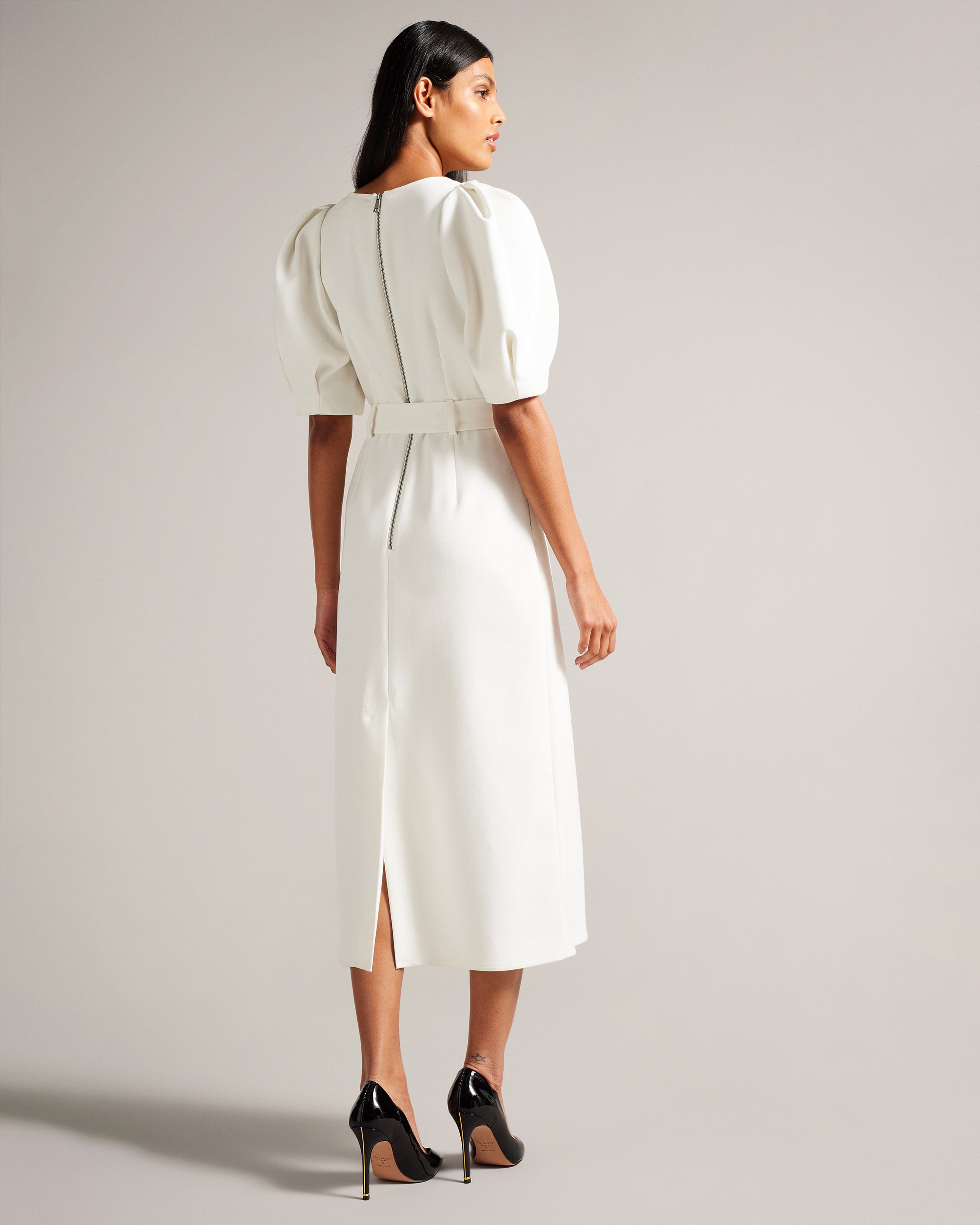 Gabyela Puff Sleeve Midi Dress With Belt White