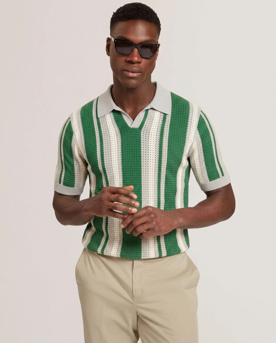 Ealings Short Sleeve Open Neck Pointelle Stripe Polo Khaki