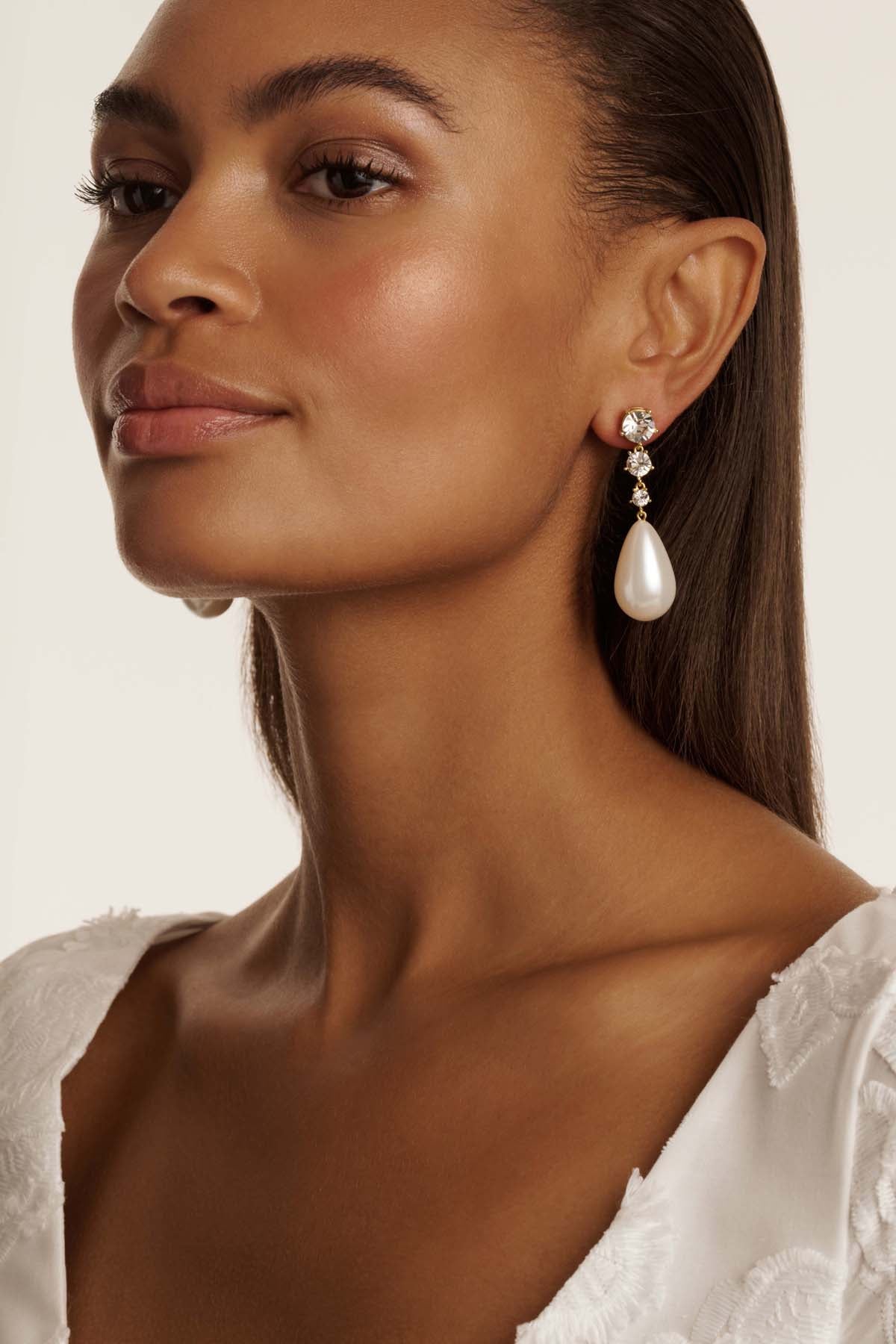 Pearsti Statement Crystal Bead Drop Earrings Pearl