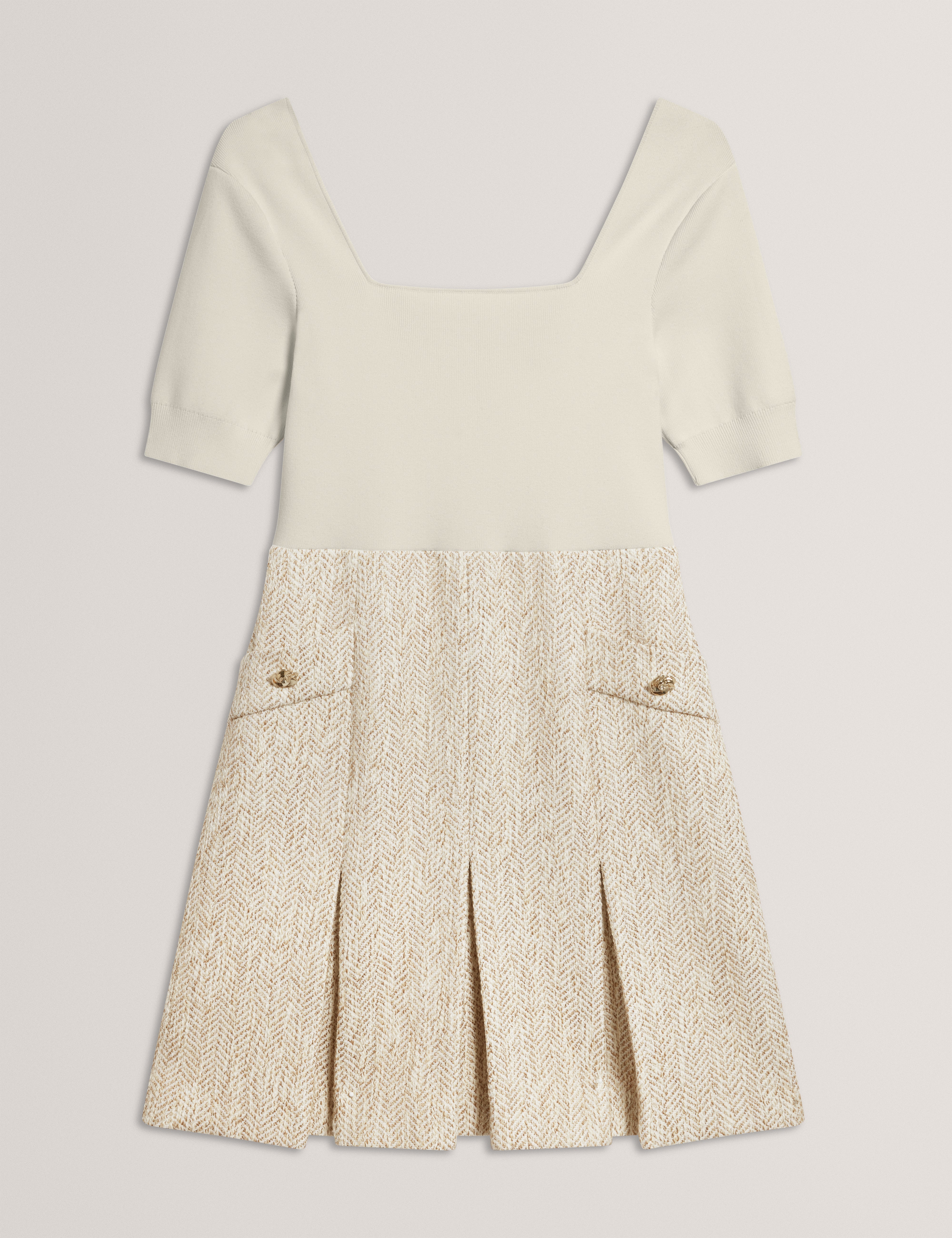 Vulpad Knit Bodice Boucle Mini Dress Ivory
