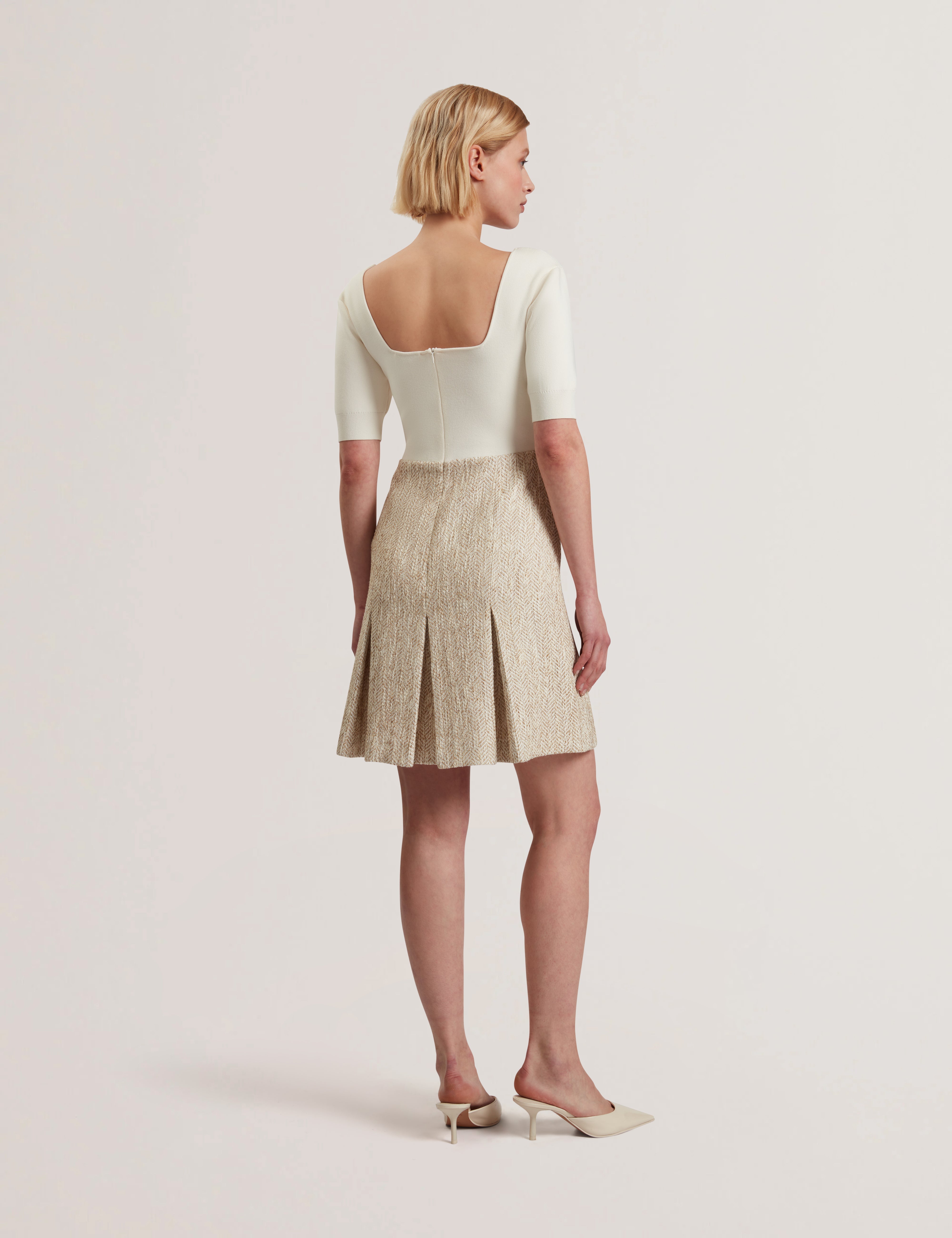 Vulpad Knit Bodice Boucle Mini Dress Ivory