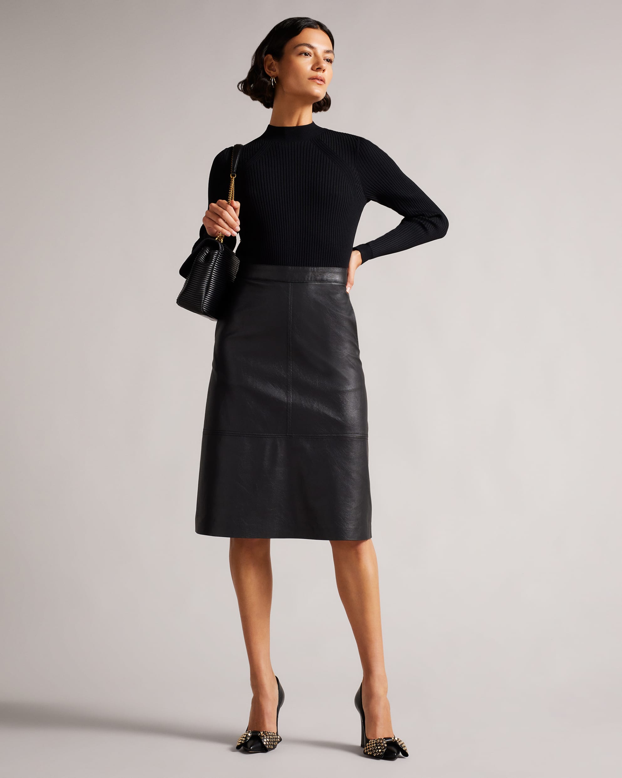 Alltaa Knit Bodice Midi Dress With Faux Leather Skirt Black