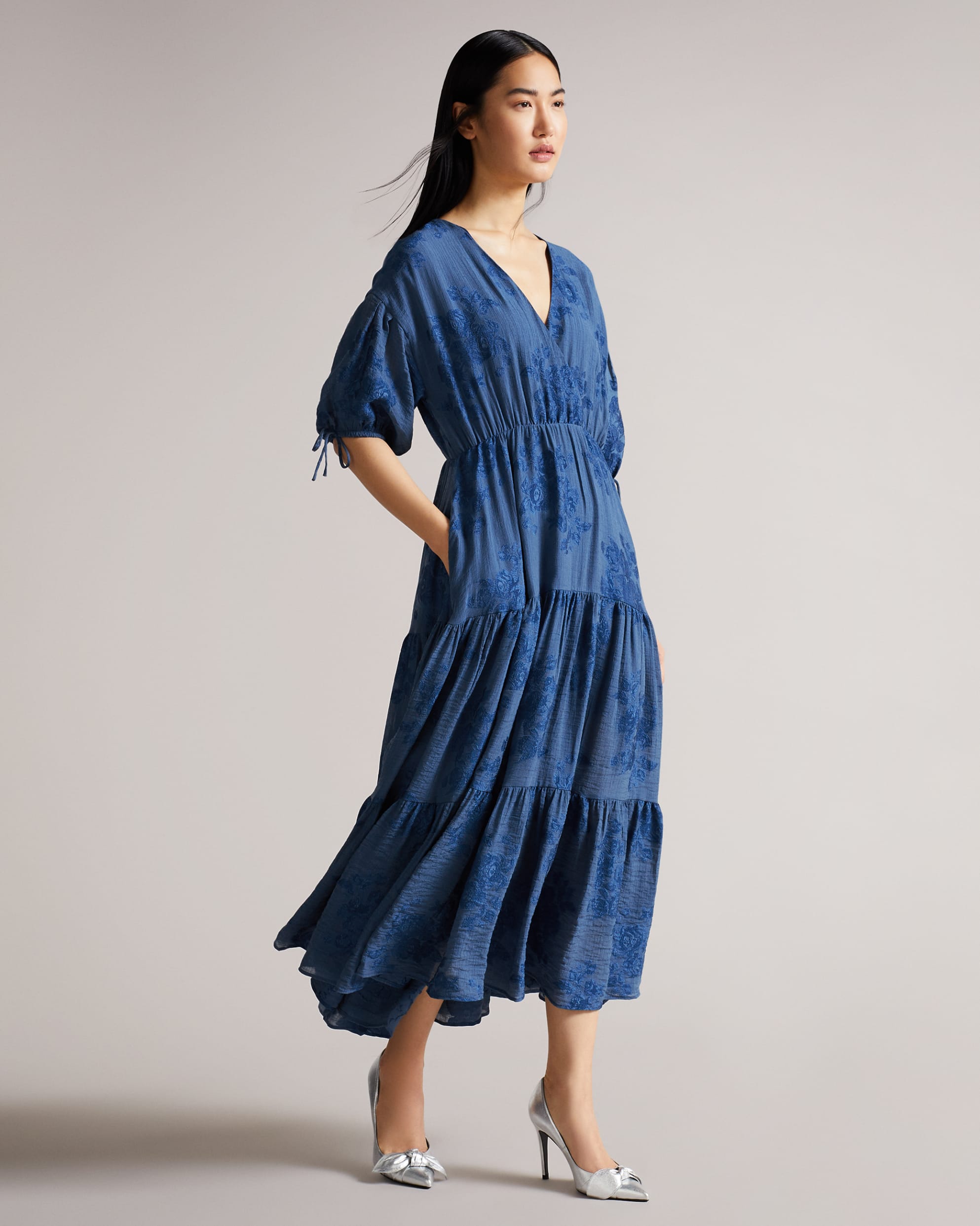 Zilda Puff Sleeve Wrap Front Midi Dress